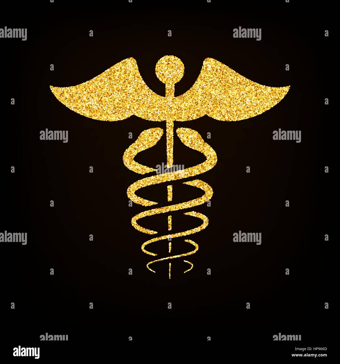Vettore Glitter oro caduceo simbolo medico su sfondo nero Illustrazione Vettoriale