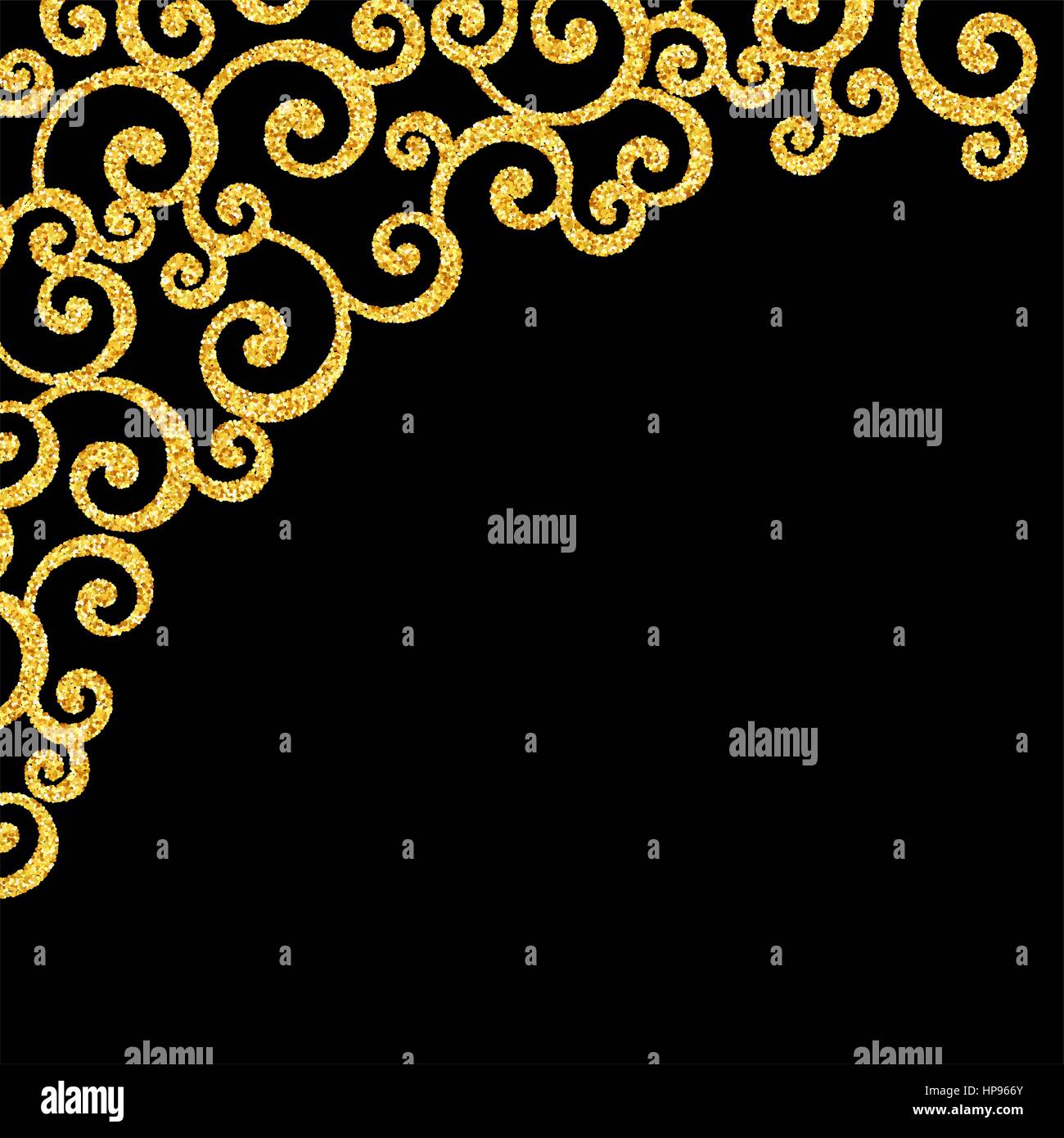 Vettore Glitter oro Floral arricciamento Carta di invito con Damasco Swirl Pattern su sfondo nero Illustrazione Vettoriale