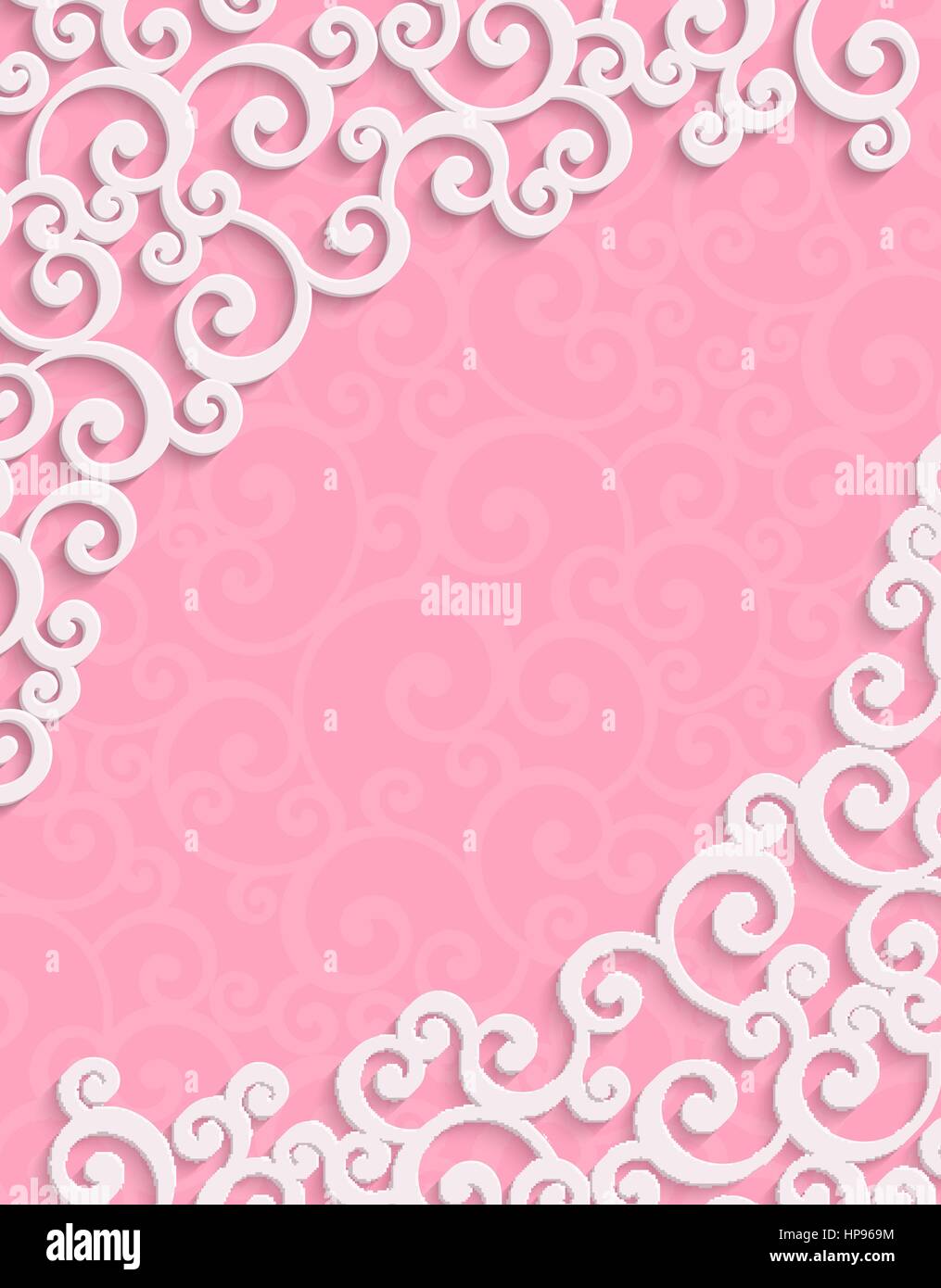 Rosa 3d Floral Swirl sfondo verticale con Curl Pattern per il giorno di San Valentino o invito a nozze Card. Vettore di astratta Vintage Design Template Illustrazione Vettoriale