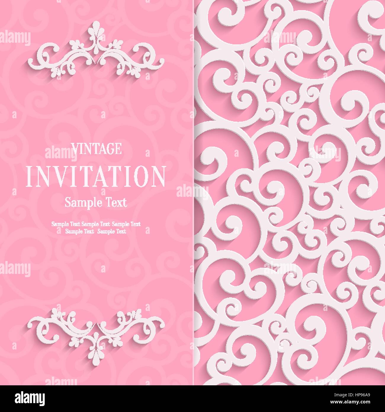 Floral ricciolo sfondo rosa con 3d Swirl Pattern di Damasco per matrimonio o San Valentino Scheda di invito. Vector White Design vintage Illustrazione Vettoriale