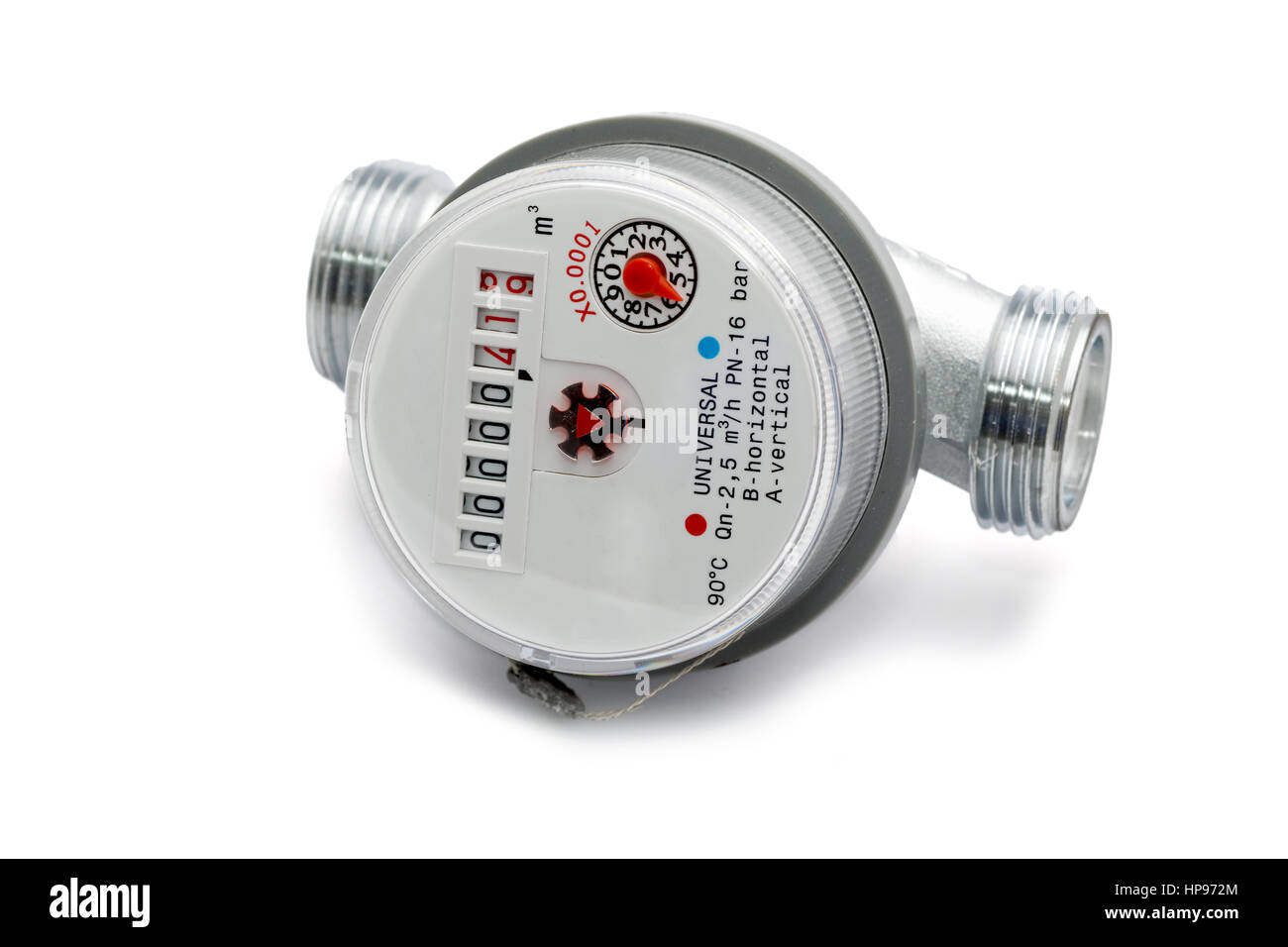 Acqua misuratore di close-up isolati su sfondo bianco Foto Stock