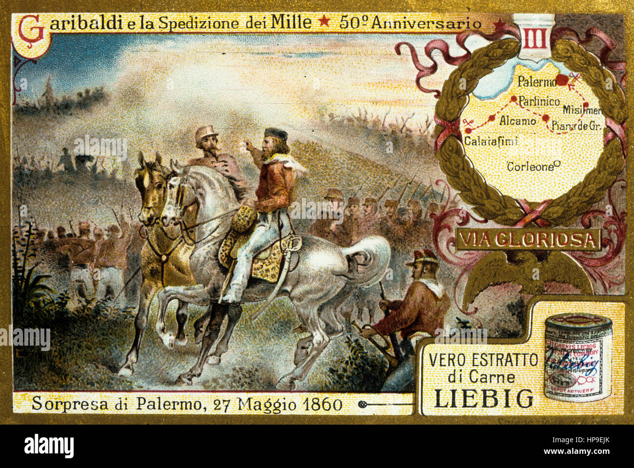 Garibaldi e la spedizione dei mille,cinquantesimo anniversario,sorpresa di Palermo,1860 figurine Liebig,1910 Foto Stock