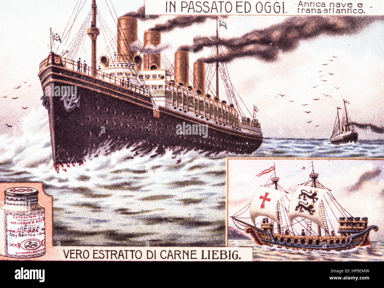 In passato e oggi,antica nave e ocean liner,figurine Liebig Foto Stock