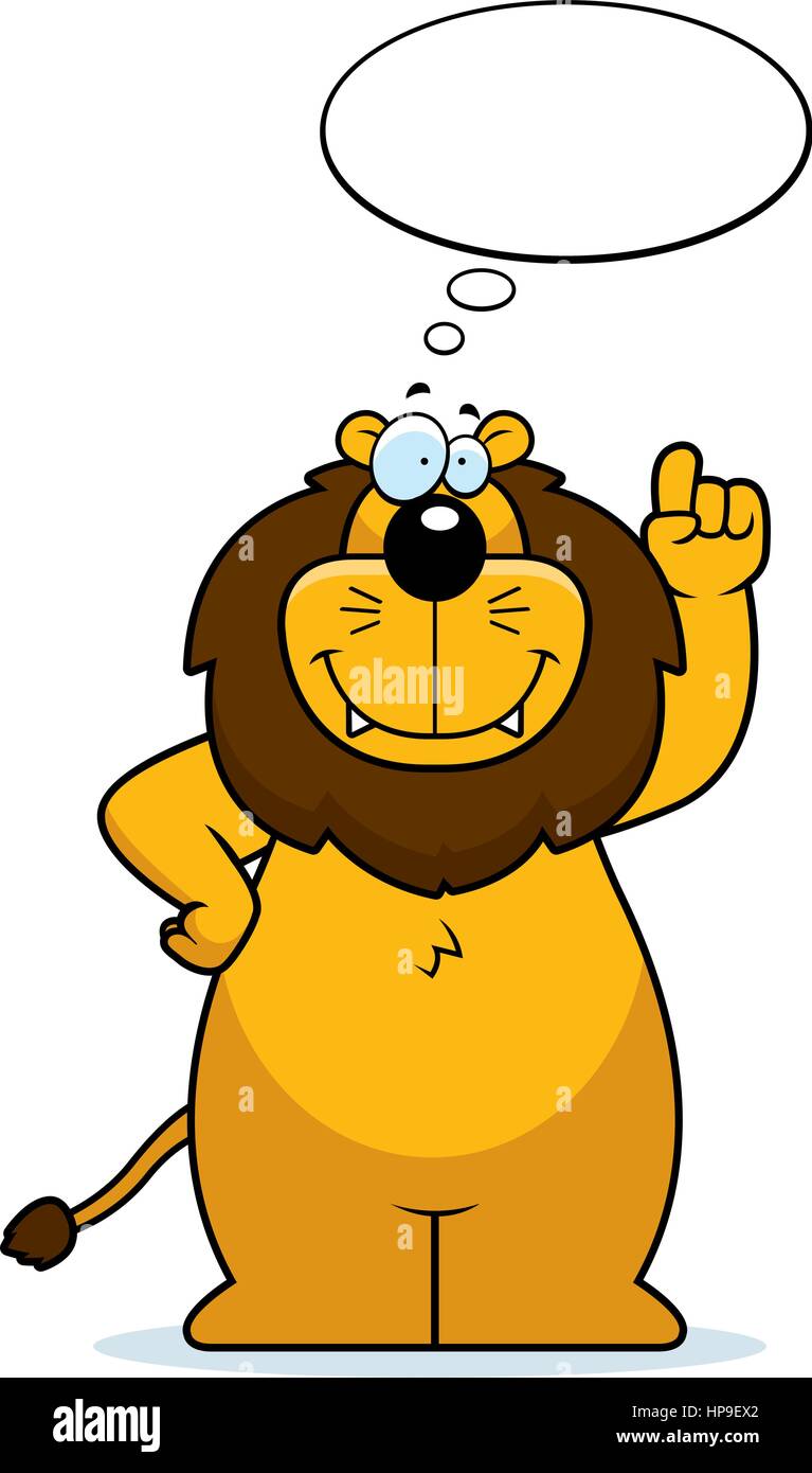 Un felice cartoon lion pensare e sorridente. Illustrazione Vettoriale