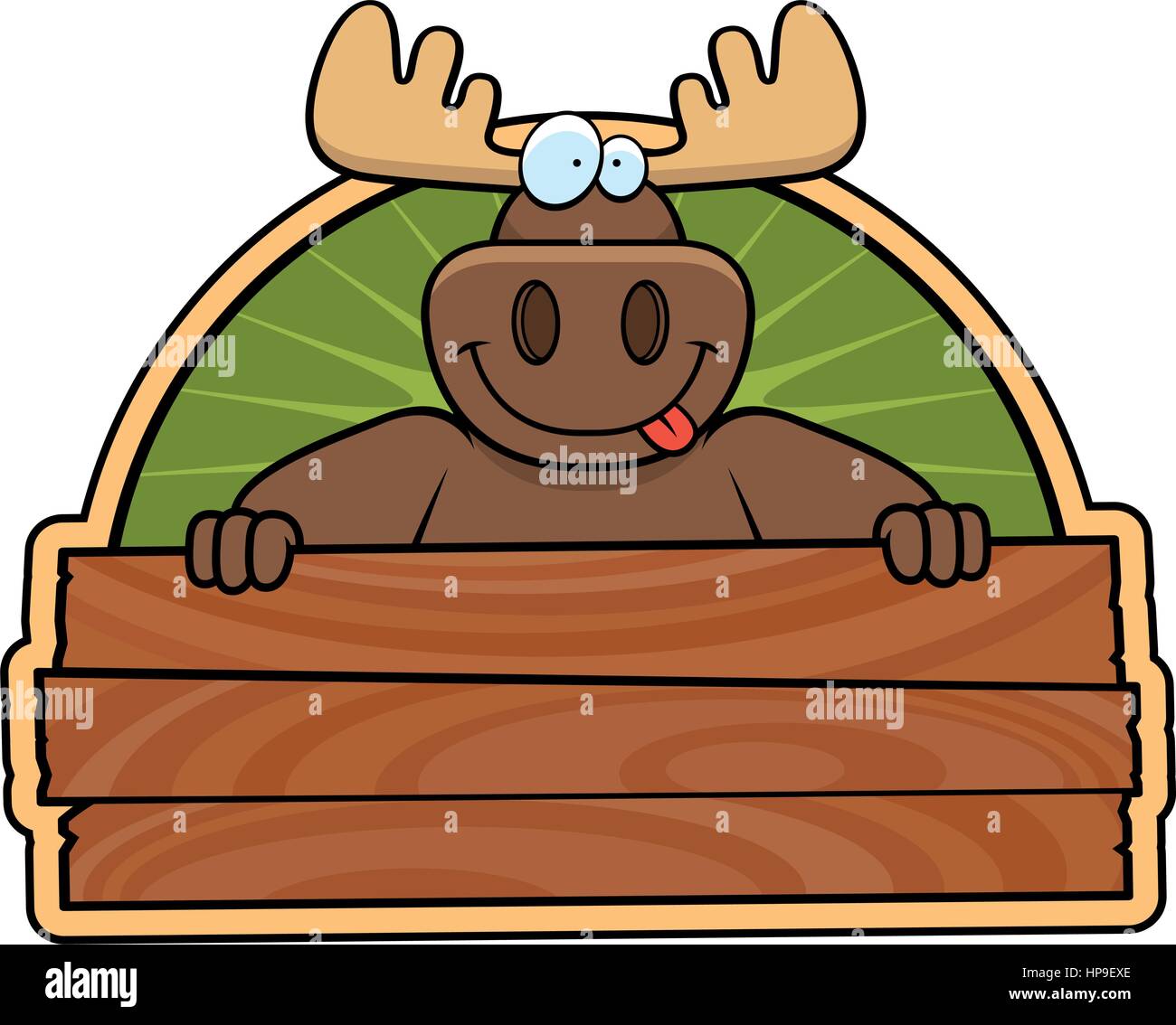 Un felice cartoon moose con un cartello in legno. Illustrazione Vettoriale