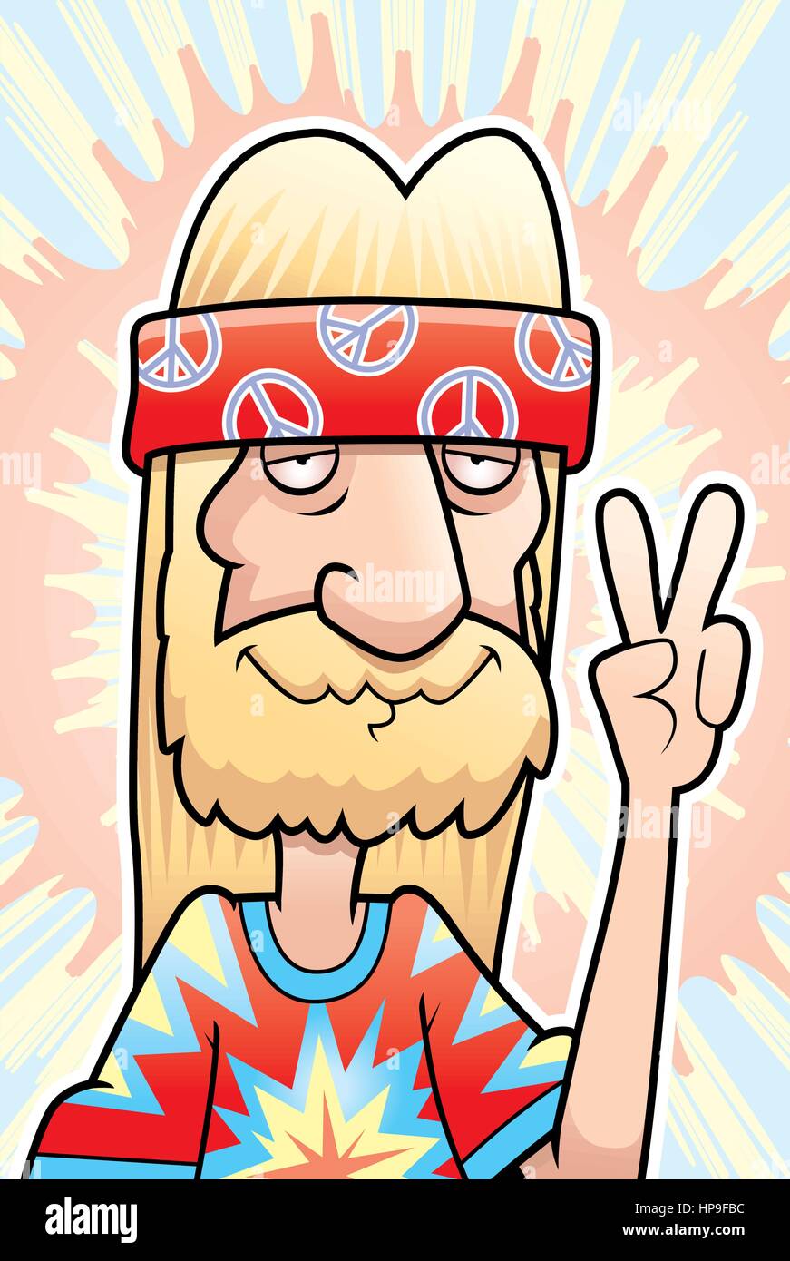 Un felice cartoon hippie rendendo il segno di pace. Illustrazione Vettoriale