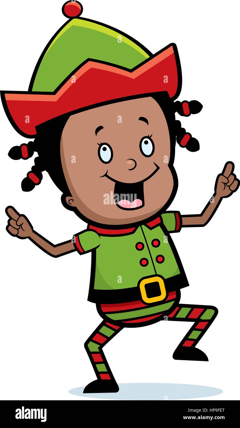 Un felice Natale cartoon elf dancing e sorridente. Illustrazione Vettoriale