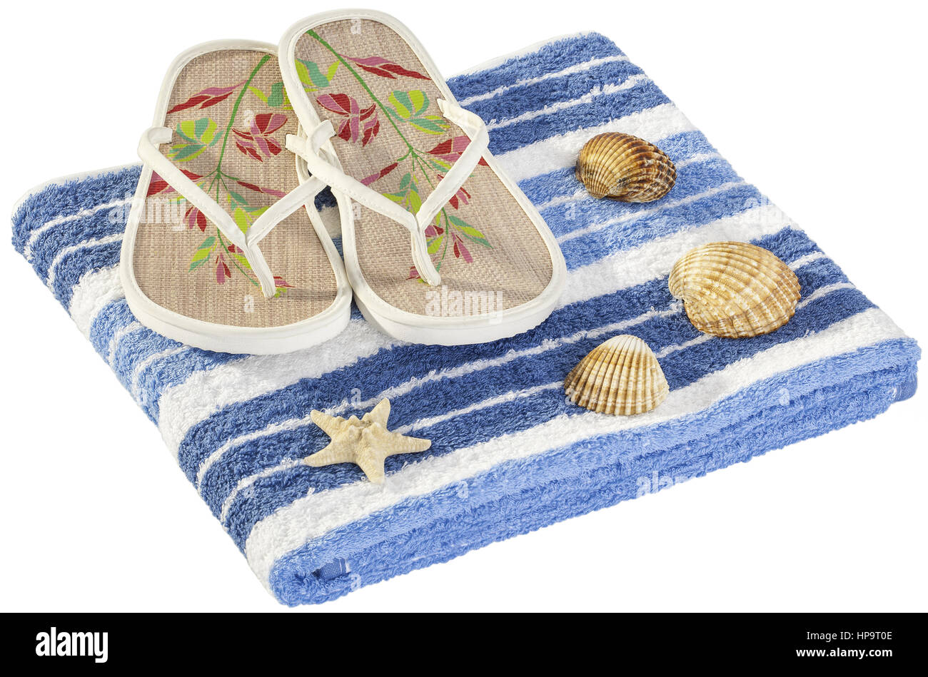 Disposizione, flip flop, muscheln, badetuch Foto Stock