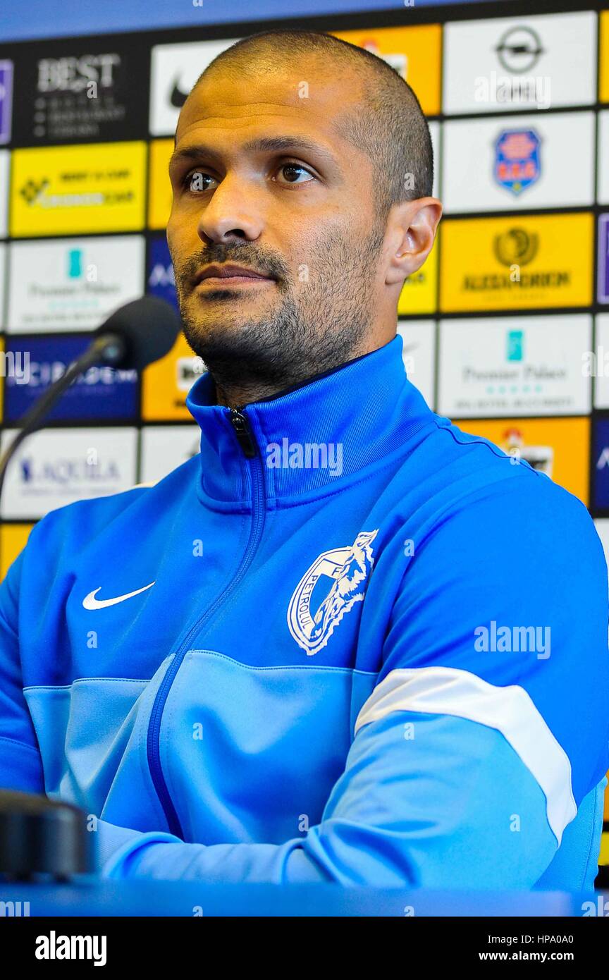 5 marzo 2015: Geraldo Alves di FC Petrolul Ploiesti ROU durante la conferenza stampa prima di una partita tra FC Petrolul Ploiesti (ROU) vs FC Steaua Bucuresti ROU a 'Ilie Oana' Stadium, Ploiesti in Tulcea, Romania ROU. Foto: Cronos/Cristian Stavri Foto Stock