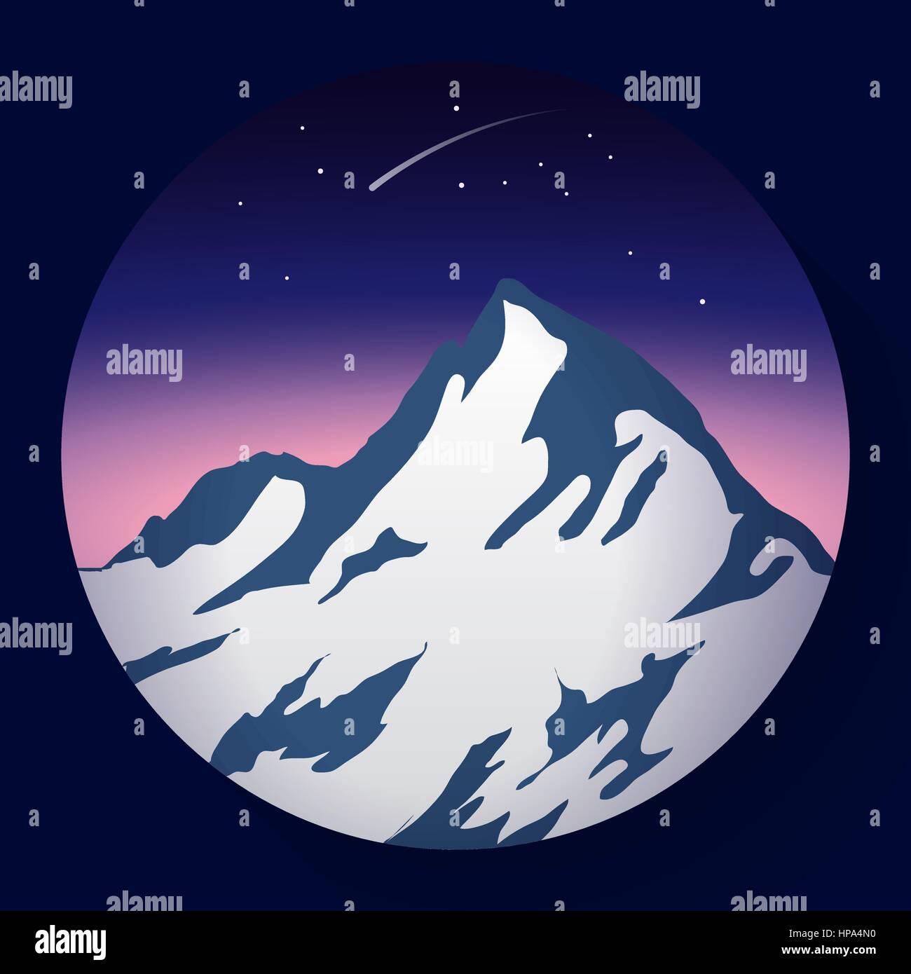 Picco di montagna icona piatta in corrispondenza di notte e icona di cometa Illustrazione Vettoriale