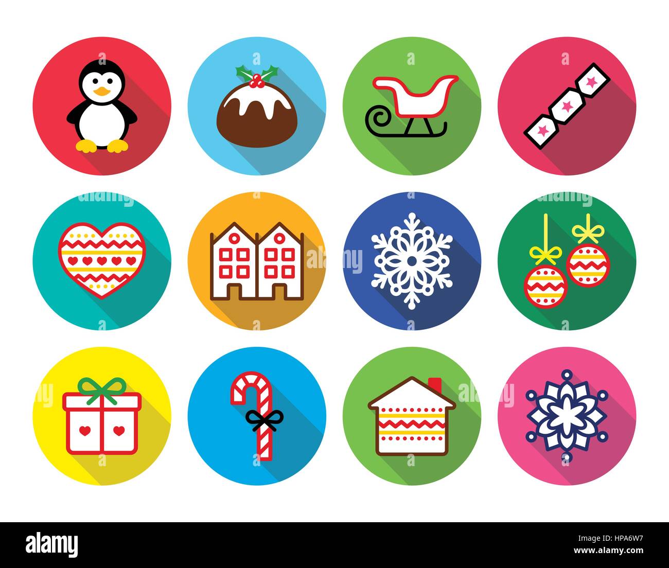 Natale, inverno design piatto icone - penguin, pudding natalizio. Vettore reound colorati set di icone per celebrare il Natale isolato su bianco Illustrazione Vettoriale