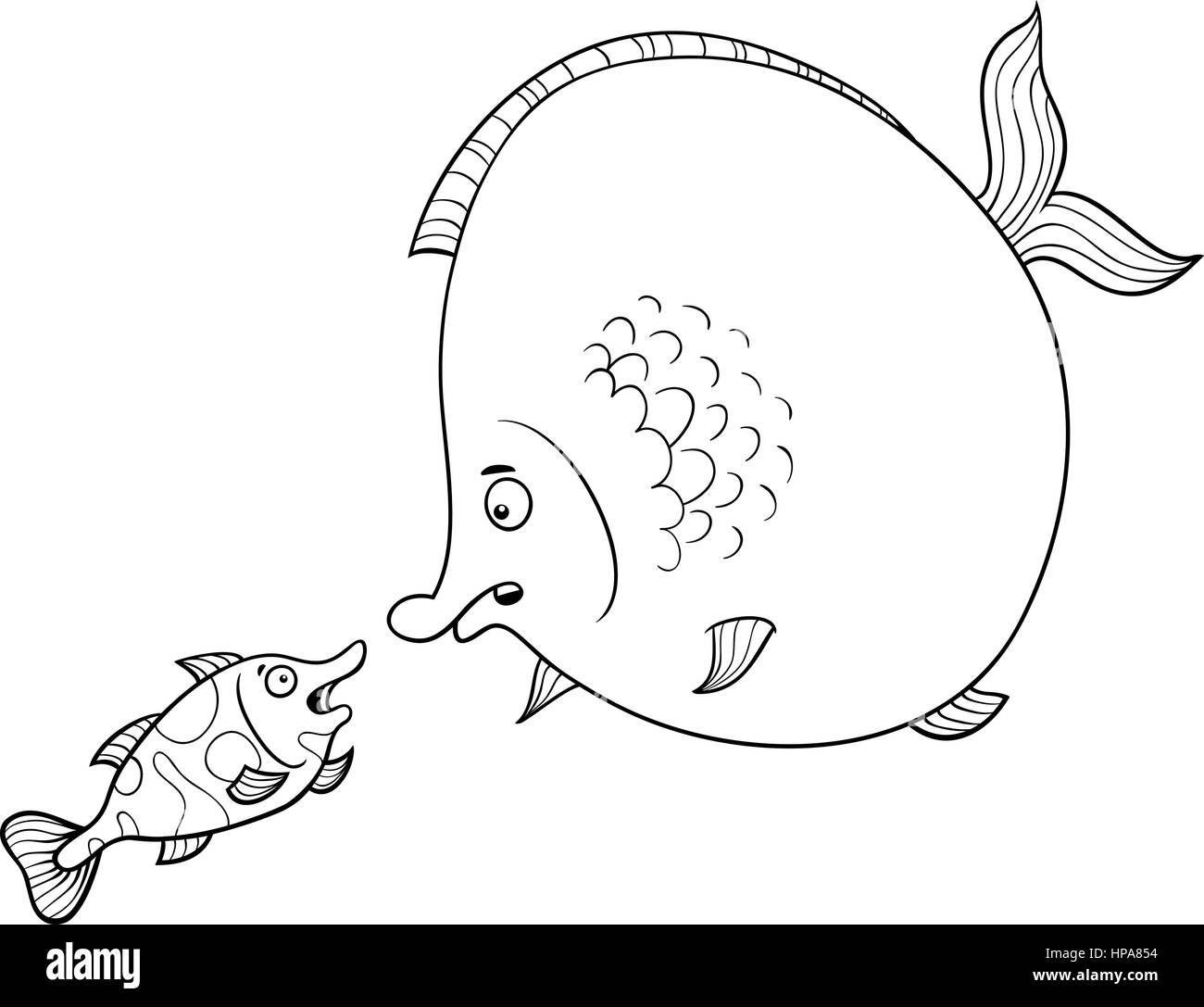 Bianco e Nero Cartoon illustrazione di grossi pesci e pesci piccoli personaggi animali parlanti Pagina di colorazione Illustrazione Vettoriale