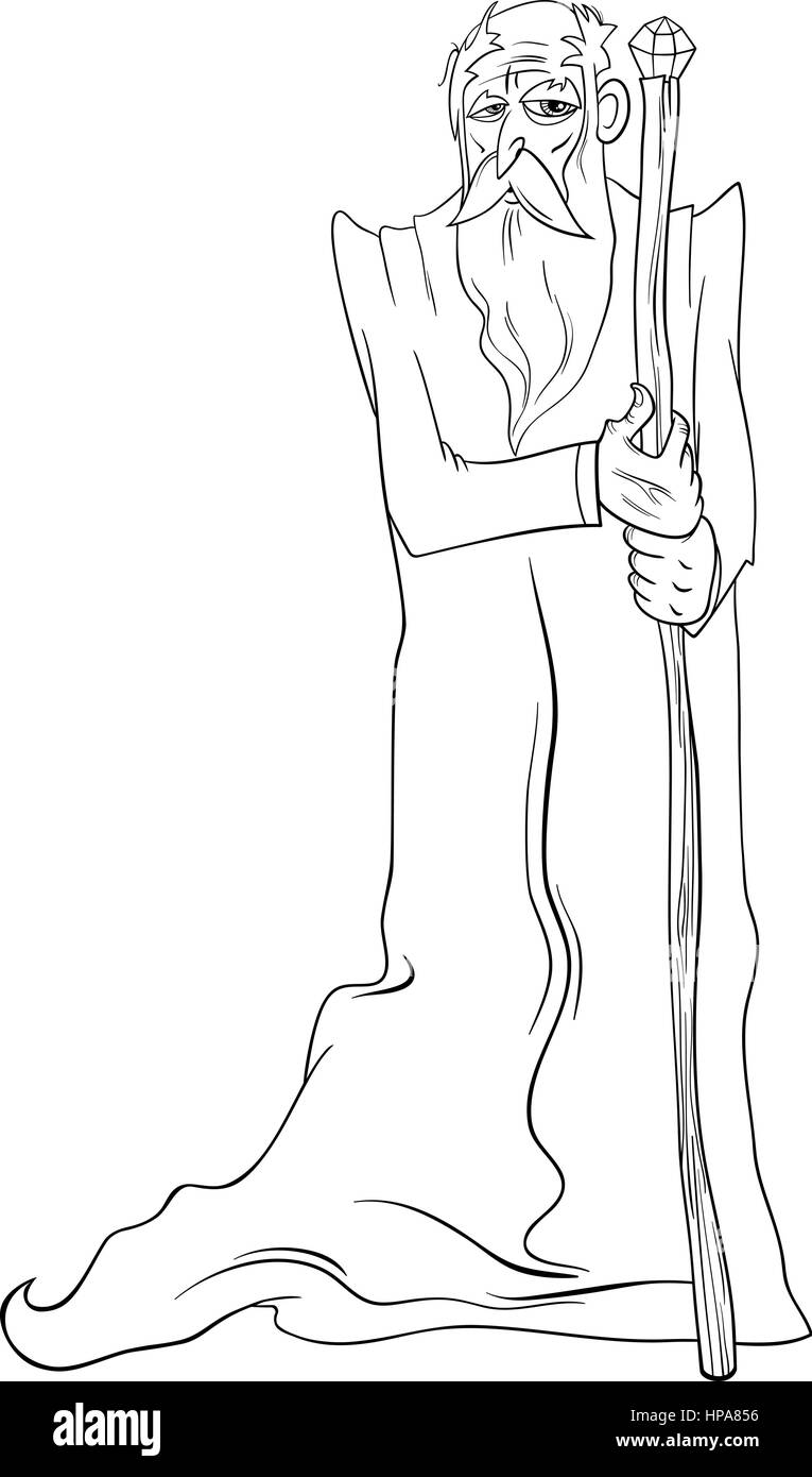 Bianco e Nero Cartoon illustrazione della procedura guidata di vecchio personaggio di fantasia con Magic personale Pagina di colorazione Illustrazione Vettoriale