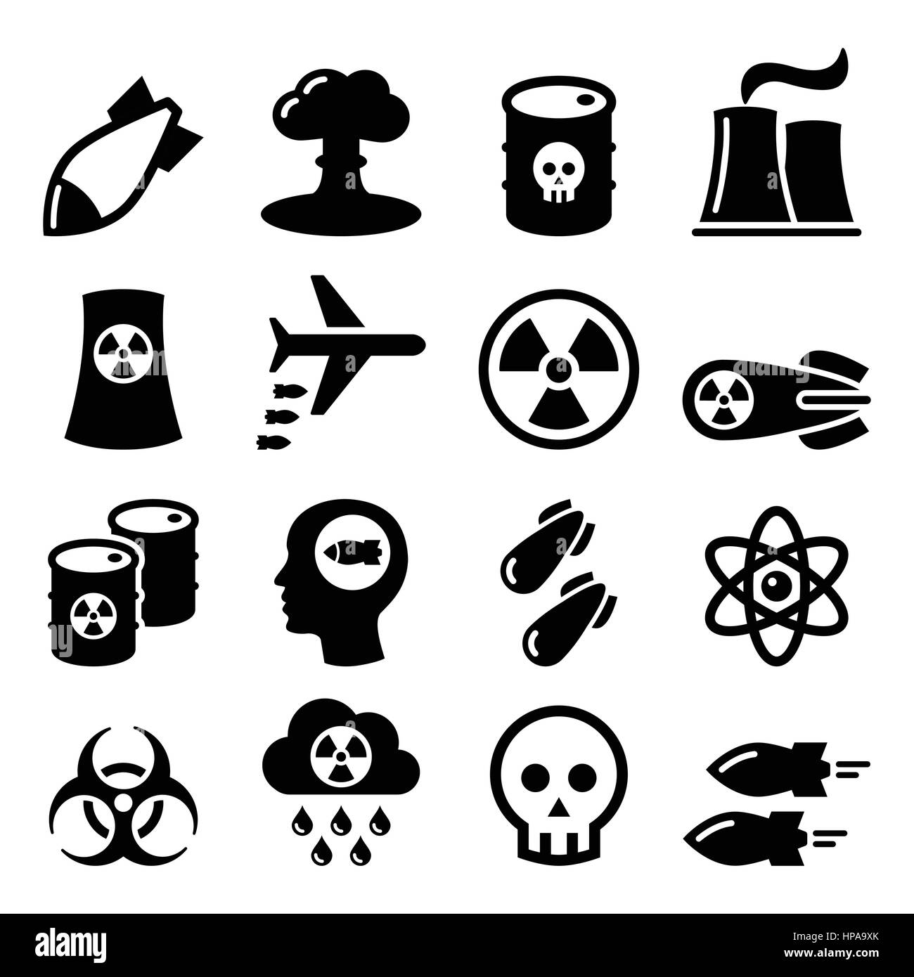 Arma nucleare, fabbrica nucleare, guerra, bombe set di icone Illustrazione Vettoriale