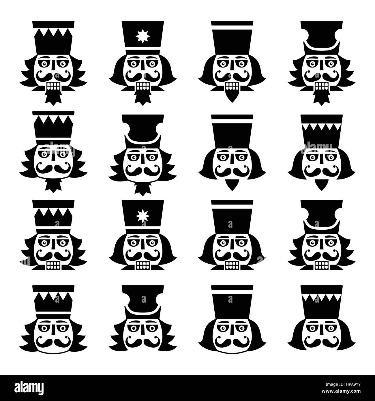 Natale schiaccianoci - soldato figurina testa nera set di icone Illustrazione Vettoriale