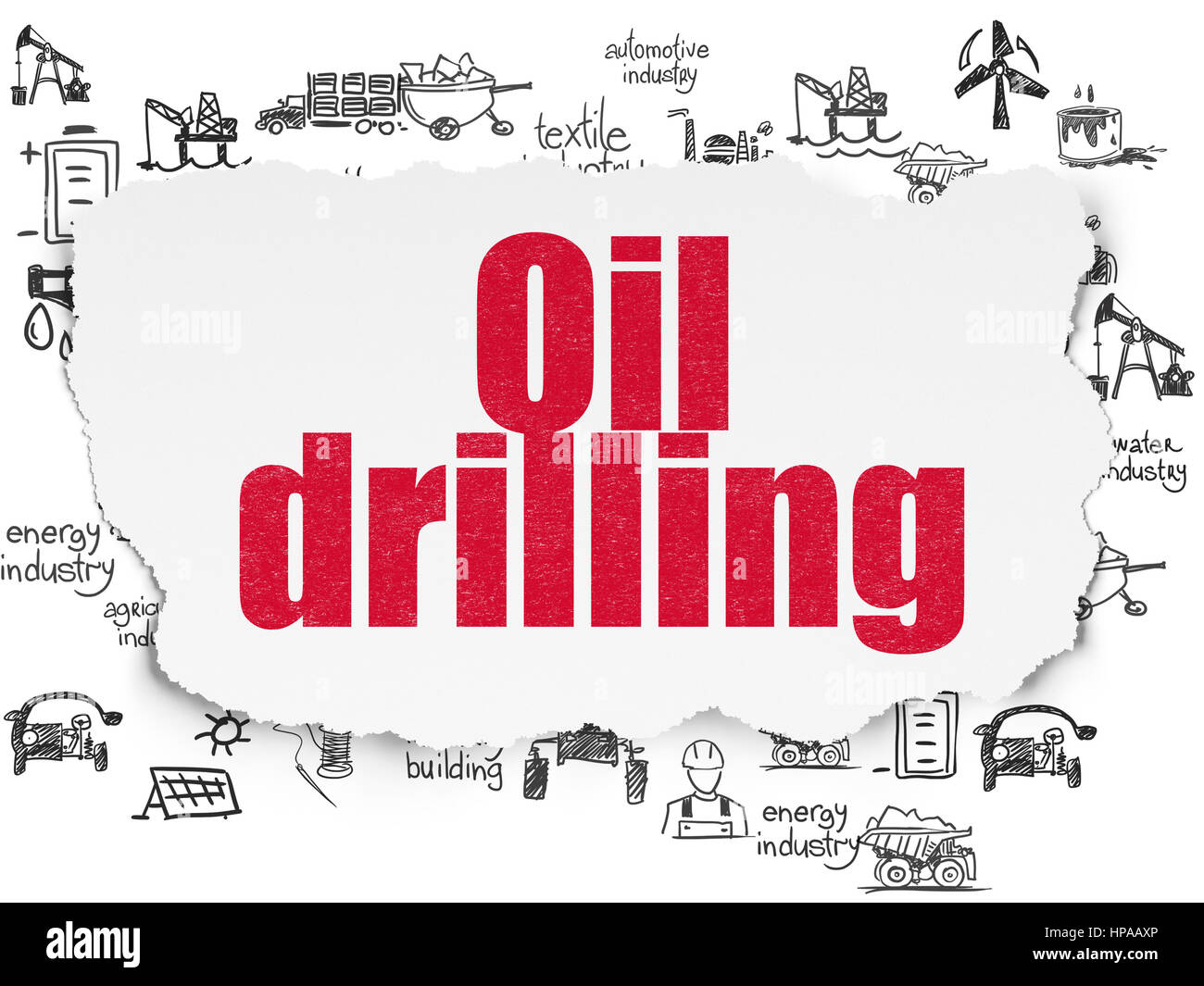 Concetto di settore: dipinte di rosso il testo Fori olio su carta strappata con sfondo disegnato a mano le icone del settore Foto Stock