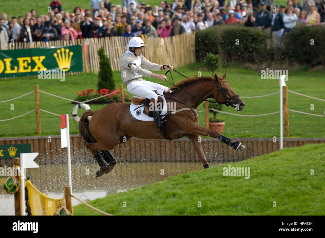 Dirk Schrade (GER) riding Sindy - Giochi equestri mondiali, Aachen, - Agosto 26, 2006, Eventing Cross Country Foto Stock