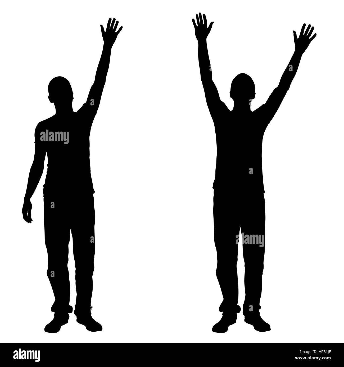Sagome di persone con le mani in aria isolato su bianco Foto Stock