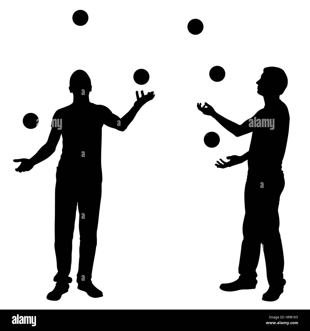 Sagome di uomini juggling balls isolato su bianco Foto Stock