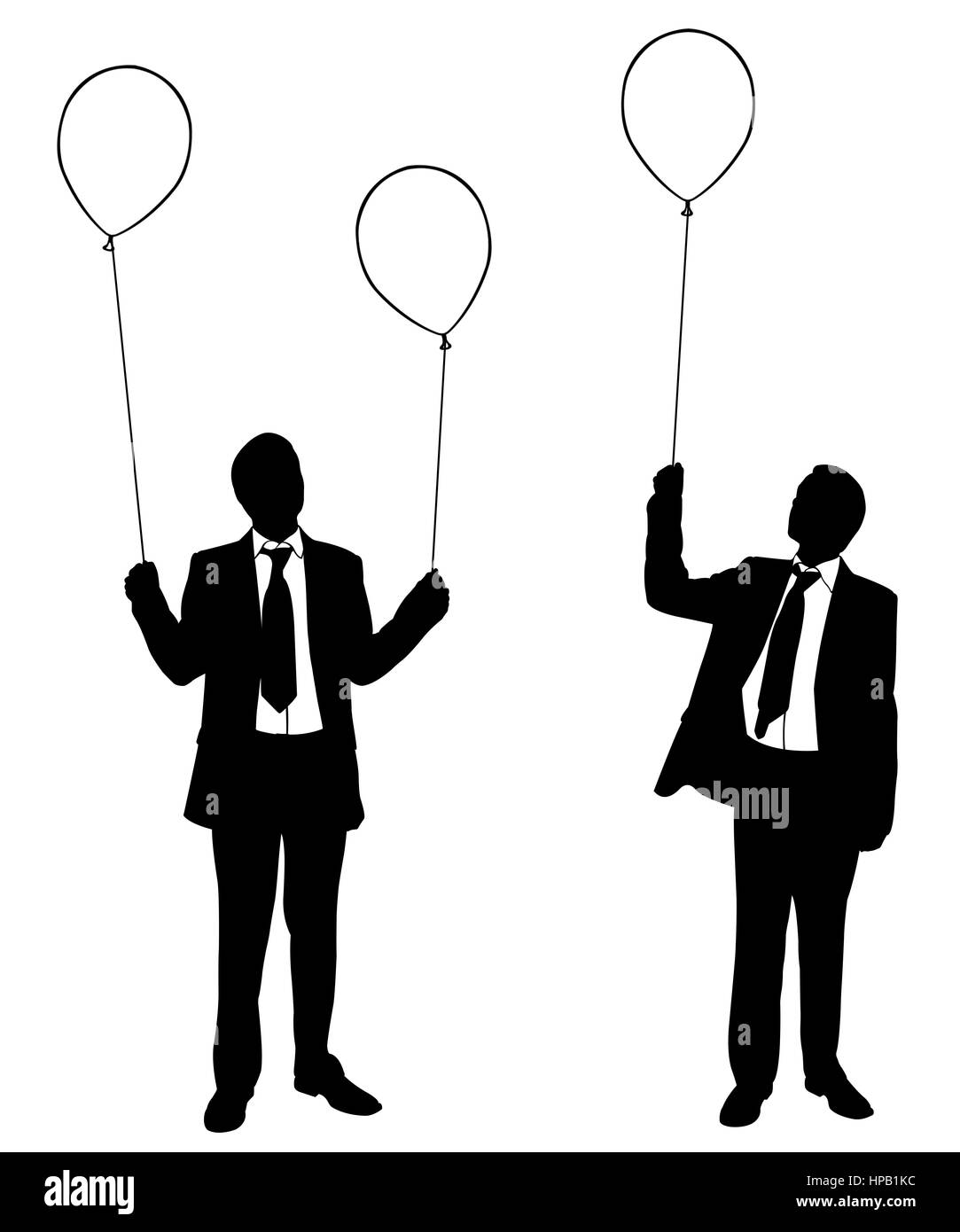 Sagome di uomini di affari di palloncini di contenimento isolato su bianco Foto Stock
