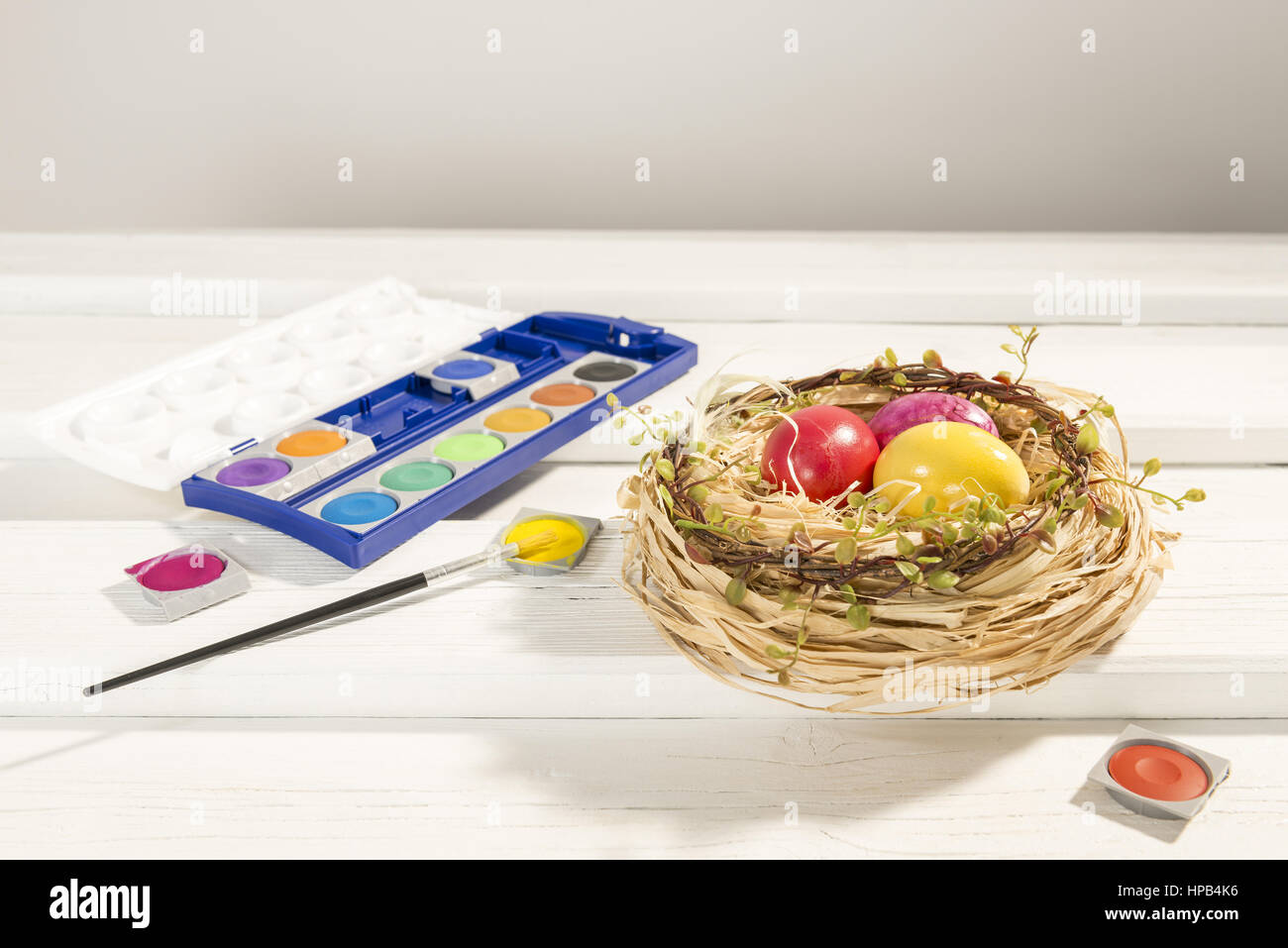 Ostereier bemalte nel nido und farbkasten Foto Stock