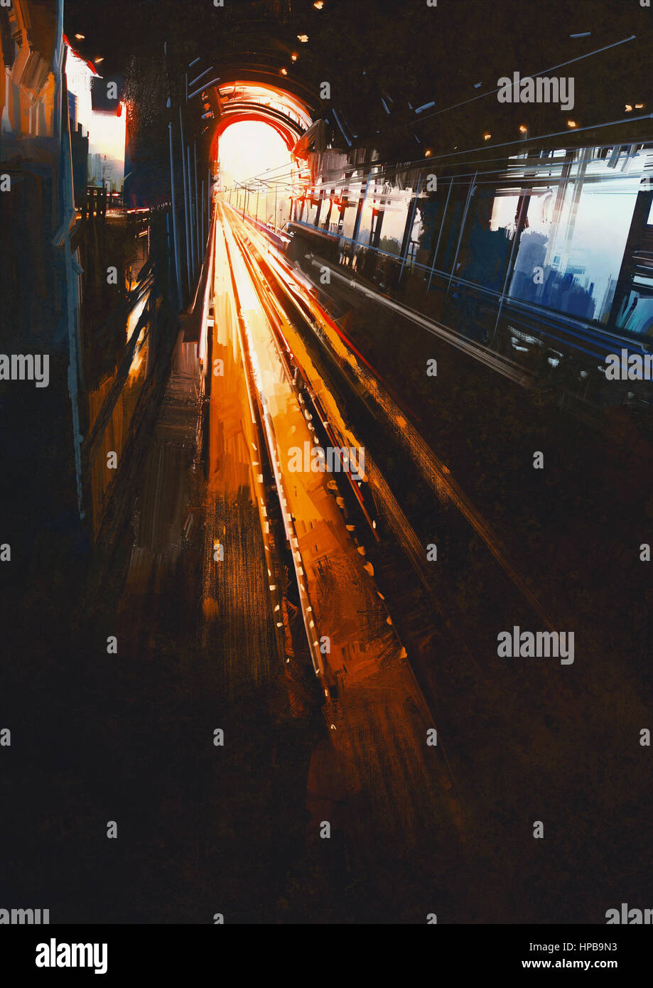 La pittura digitale che mostra la stazione ferroviaria con il tramonto del sole Foto Stock
