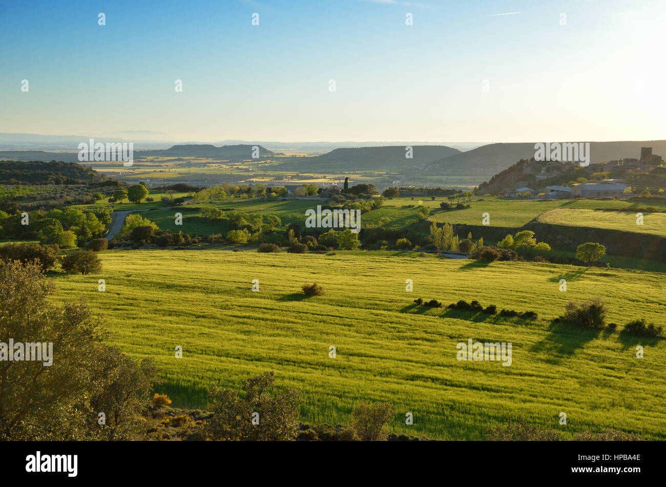 La fertile pianura è fotografato dal di sopra in primavera. Ci sono molti campi e piantagioni, piatto remote colline coperte di vegetazione lussureggiante. Foto Stock