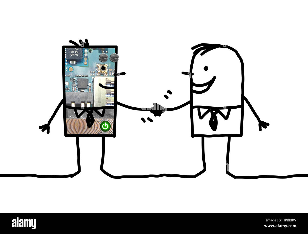 Cartoon di persone - imprenditore e la stretta di mano del robot Foto Stock