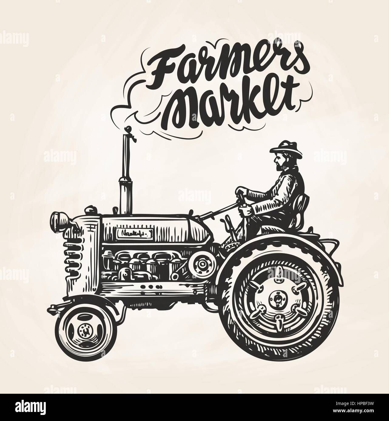 Disegnata a mano il contadino a cavallo di un trattore. Mercato degli Agricoltori, scritte. Schizzo vintage, illustrazione vettoriale Illustrazione Vettoriale
