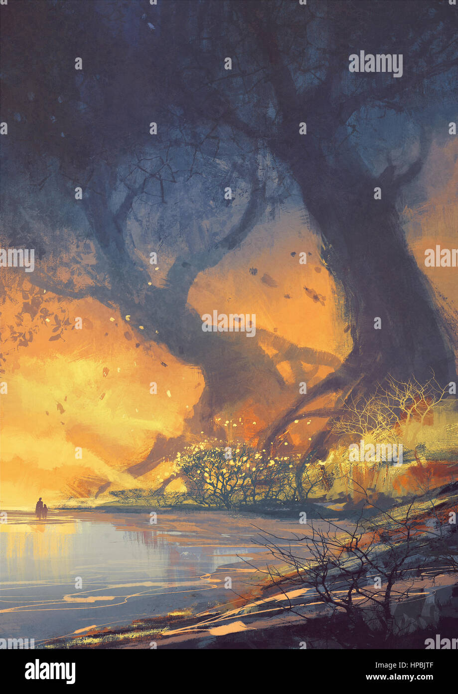 La fantasia la pittura di paesaggio di grandi alberi con enormi radici del Sunset beach Foto Stock