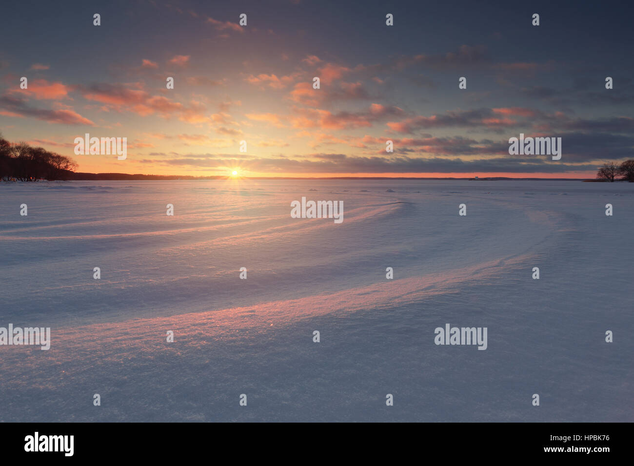 Luminoso winter mattina. Inverno il sole illumina il campo nevoso. Luce del sole rosso sulla neve. Sunny xmas scena. Foto Stock