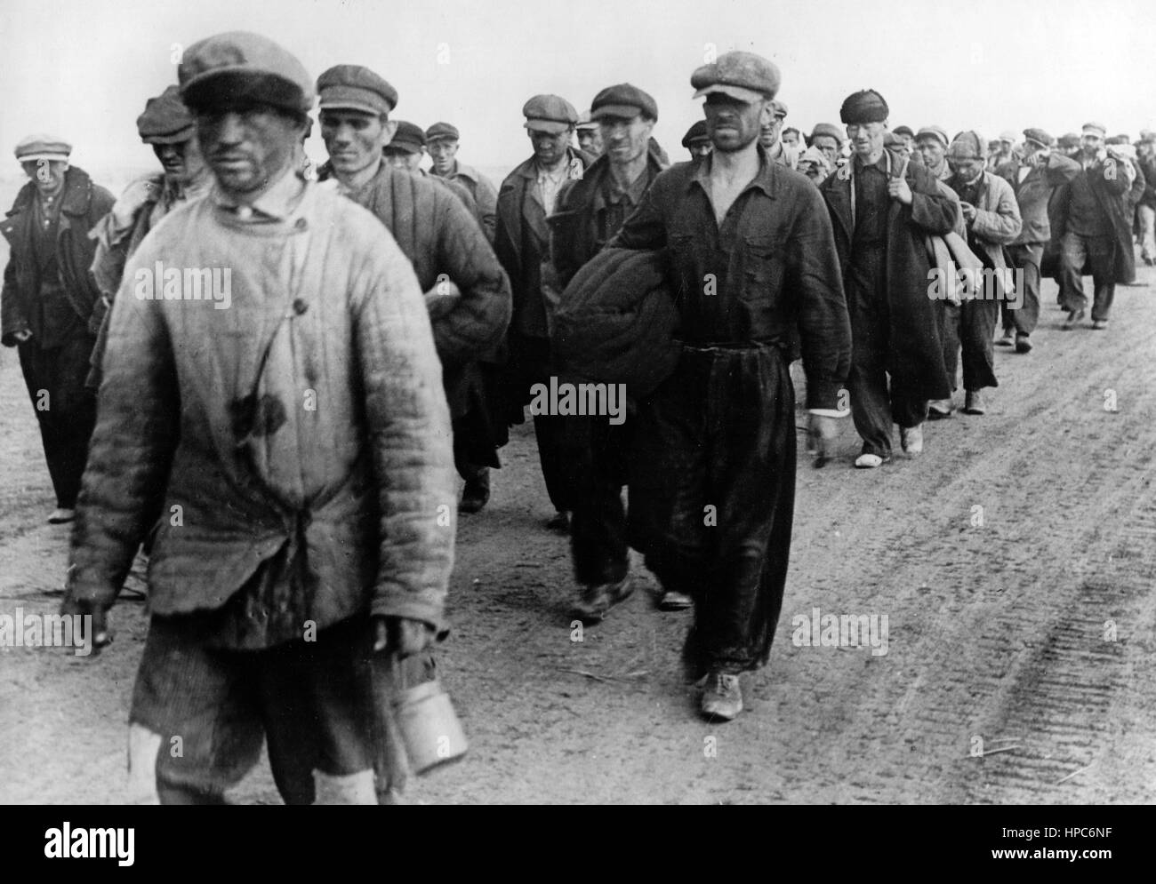 Prigionieri di guerra sovietici catturati dalla Wehrmacht tedesca nella foto a Stalingrado, in Unione Sovietica, nell'ottobre 1942. La fotografia originale da cui è stata fatta questa immagine digitale legge sul retro la propaganda nazionalsocialista del 05 ottobre 1942: 'Combattimenti feroci per Stalingrad. La lotta per questa importante città a Volga è dura e i sovietici mobilitarono tutti i mezzi per tenere la città. Qui sono catturati lavoratori del settore, che sono stati sconsideratamente utilizzati dai sovietici per la guerra urbana". Fotoarchiv für Zeitgeschichte | usage worldwide Foto Stock