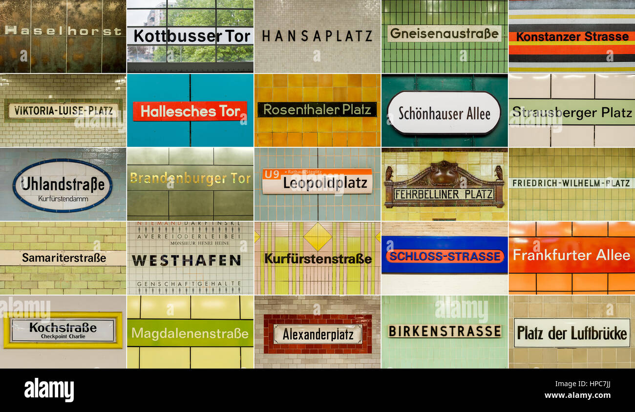 Il collage mostra la stazione di diversi nomi di venti-cinque stazioni della metropolitana di Berlino (Germania), fotografato tra il 13 e il 25 maggio 2014. Ci sono un totale di 173 stazioni della metropolitana della capitale tedesca, molti dei quali sono progettati in diversi colori. Foto: Hauke-Christian Dittrich/dpa | Utilizzo di tutto il mondo Foto Stock