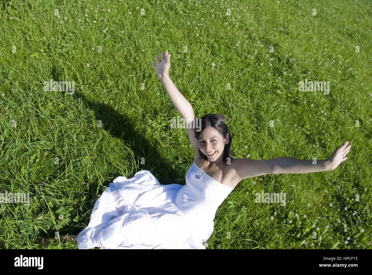 Modello rilasciato , Junge, glueckliche Frau sitzt in der Wiese und streckt Haende sie in die Hoehe - happy, giovane donna in Prato Foto Stock