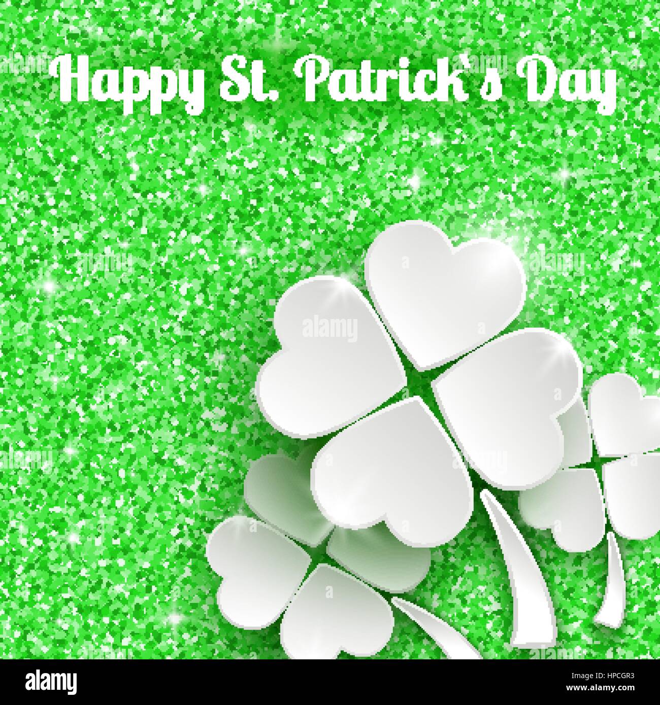 Felice St Patricks day Greeting Card sfondo con 3d carta bianca Clover Illustrazione Vettoriale