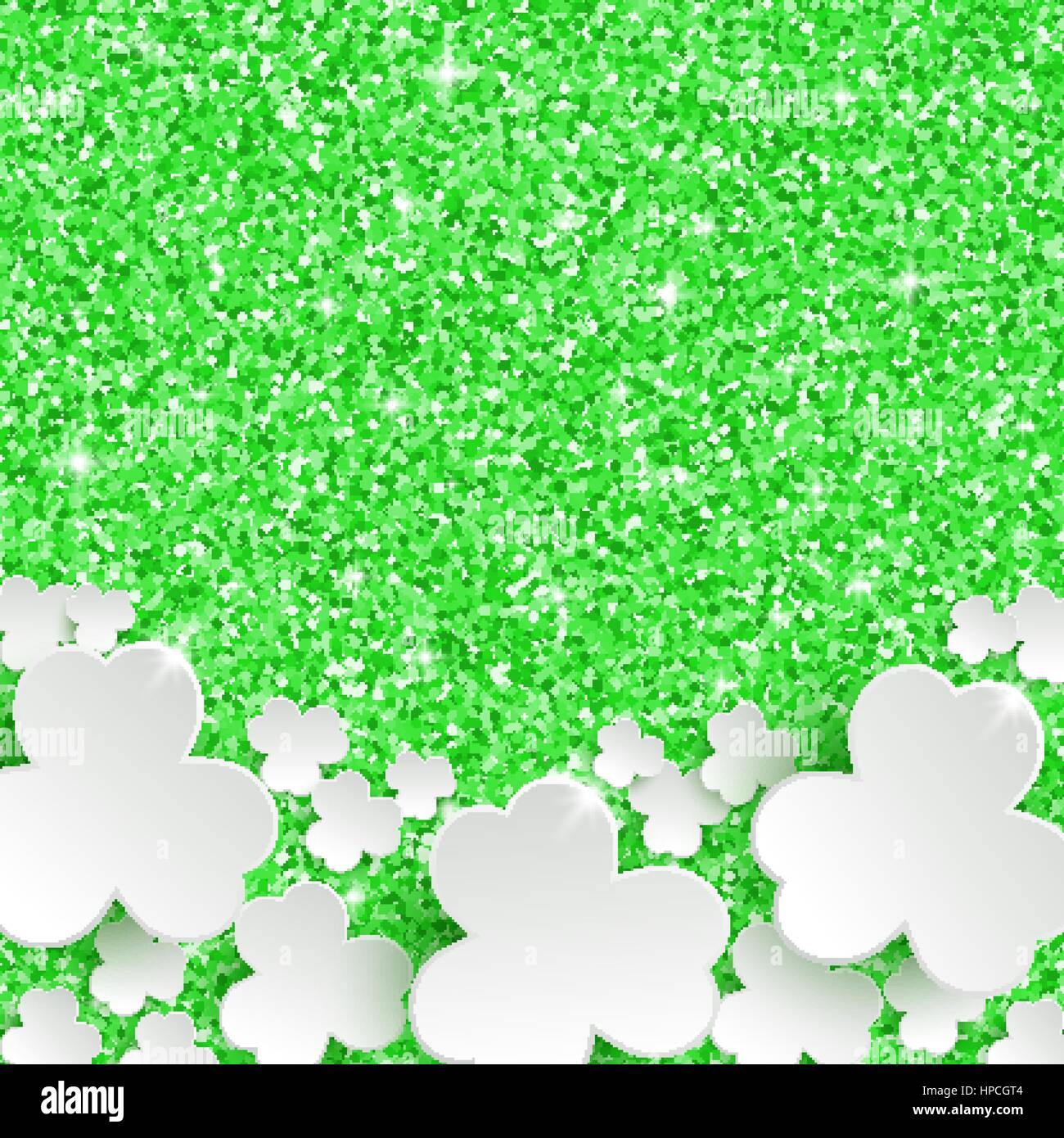 San Patrizio giorno biglietto di auguri, vacanze polveri glitter sparkle sfondo verde con il libro bianco fiori di trifoglio, illustrazione vettoriale con posto per il testo Illustrazione Vettoriale