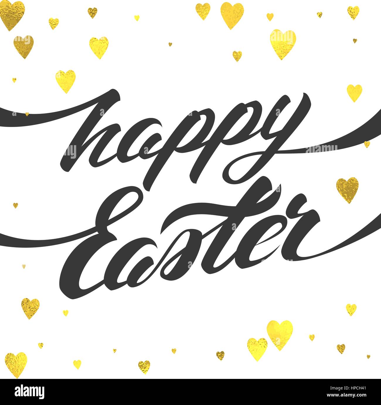 Felice Pasqua vettore scritte a mano biglietto di auguri con foglia d'oro cuori decorazione Illustrazione Vettoriale