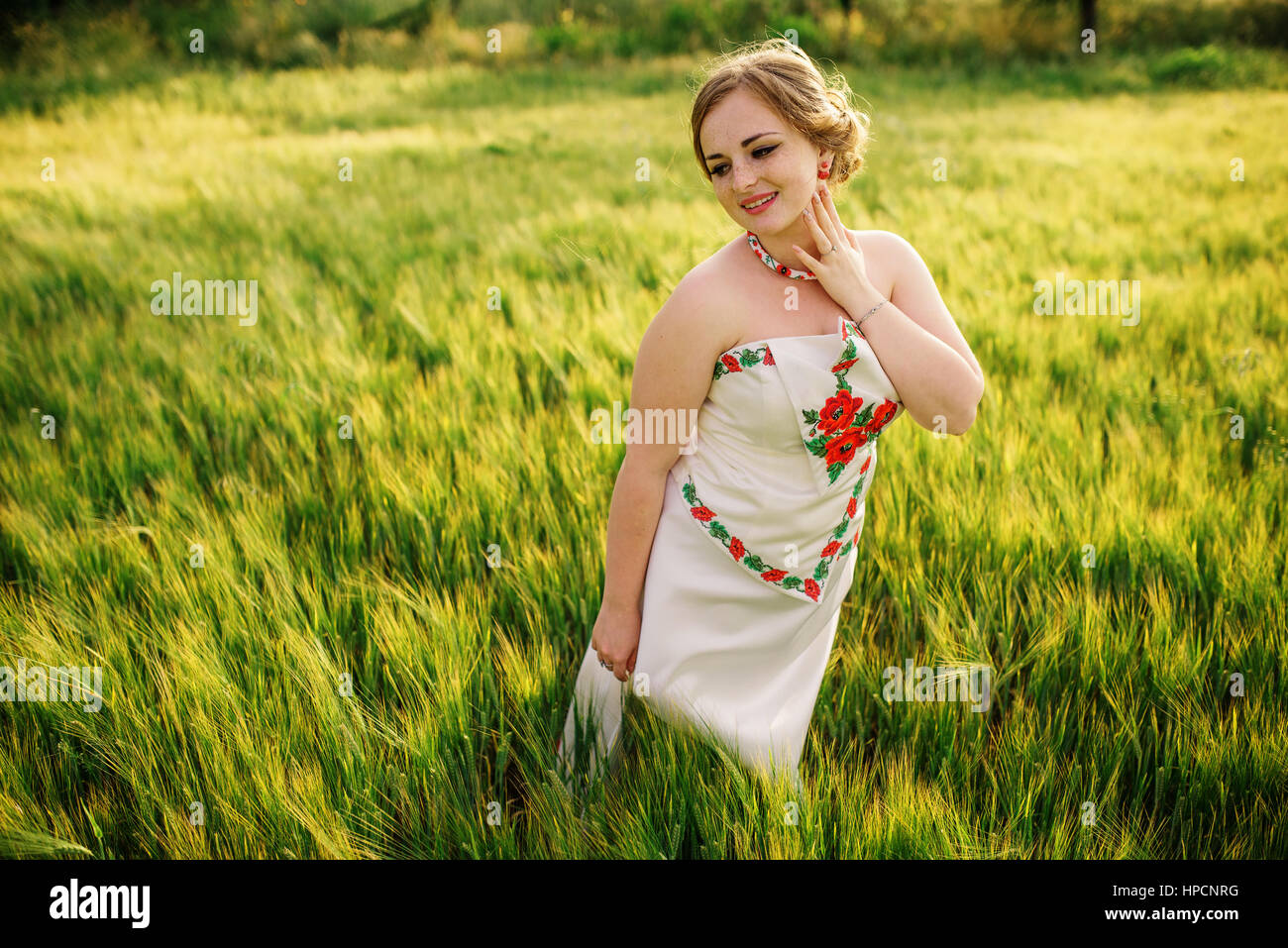 Giovane ragazza in ucraino vestito nazionale poste a corona campo. Foto Stock