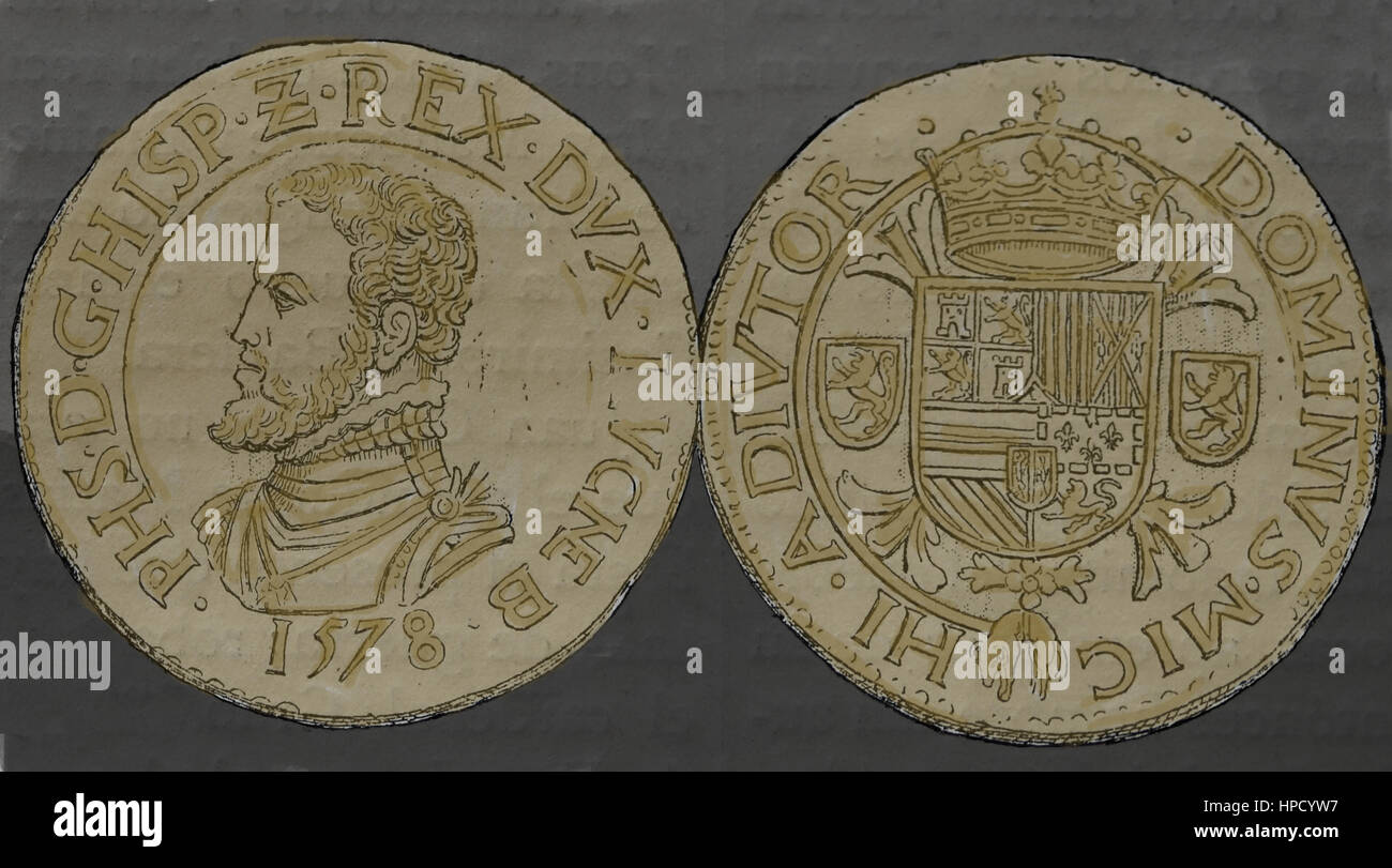 Ecu moneta di Lussemburgo, 1578, Paesi Bassi Spagnoli. Regno di Filippo II di Spagna. Argento. Incisione. Foto Stock