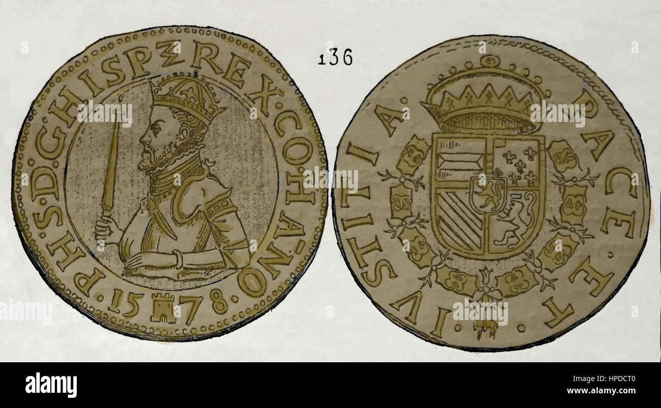Moneta di Hainaut. Paesi Bassi. Regno di Filippo II di Spagna (1527-1598). Incisione. Foto Stock