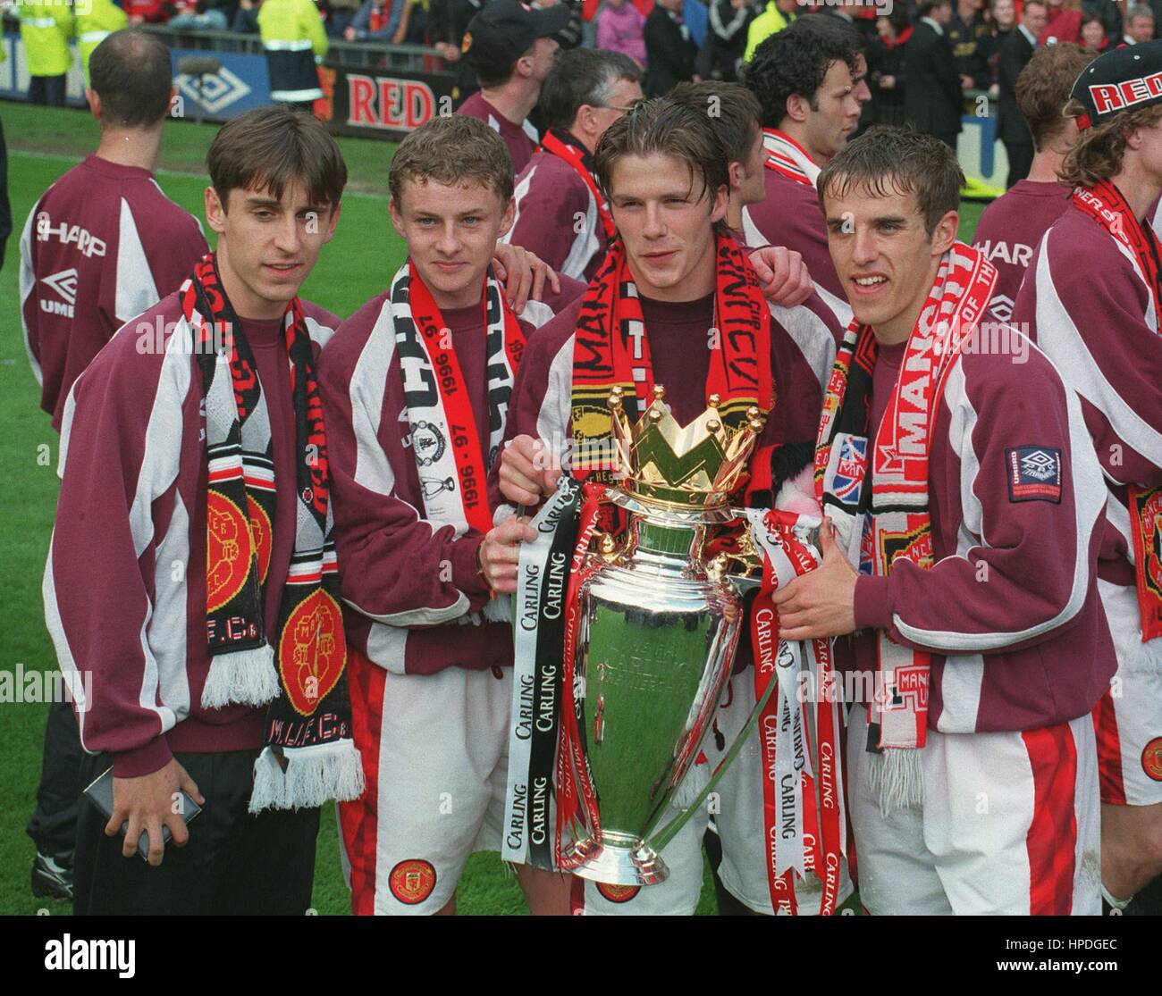 G.NEVILLE O.SOLSKJAER BECKHAM P.NEVILLE 97 PREMIER LEAGUE TR 30 Luglio 1997 Foto Stock