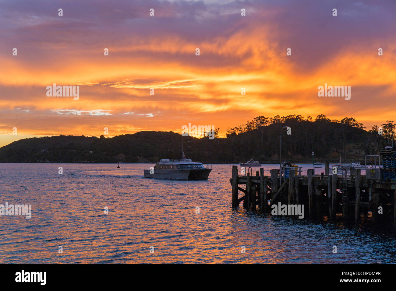 Oban, Isola Stewart, Southland, Nuova Zelanda. Cielo colorato riflessa nell'acqua all'alba, Halfmoon Bay, traghetto avvicinando jetty. Foto Stock