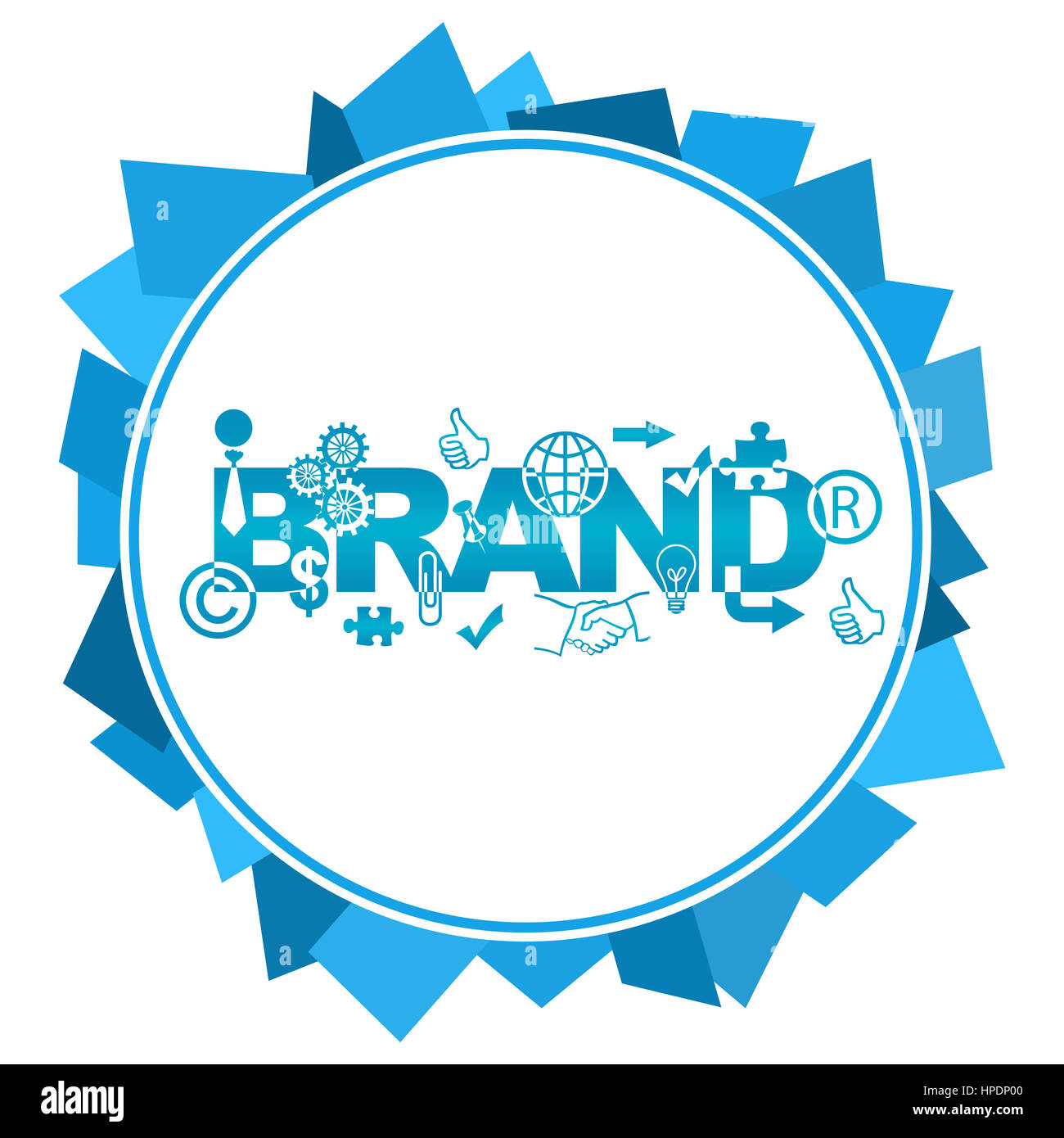 Testo di marca con simboli blu forme casuali cerchio Foto Stock