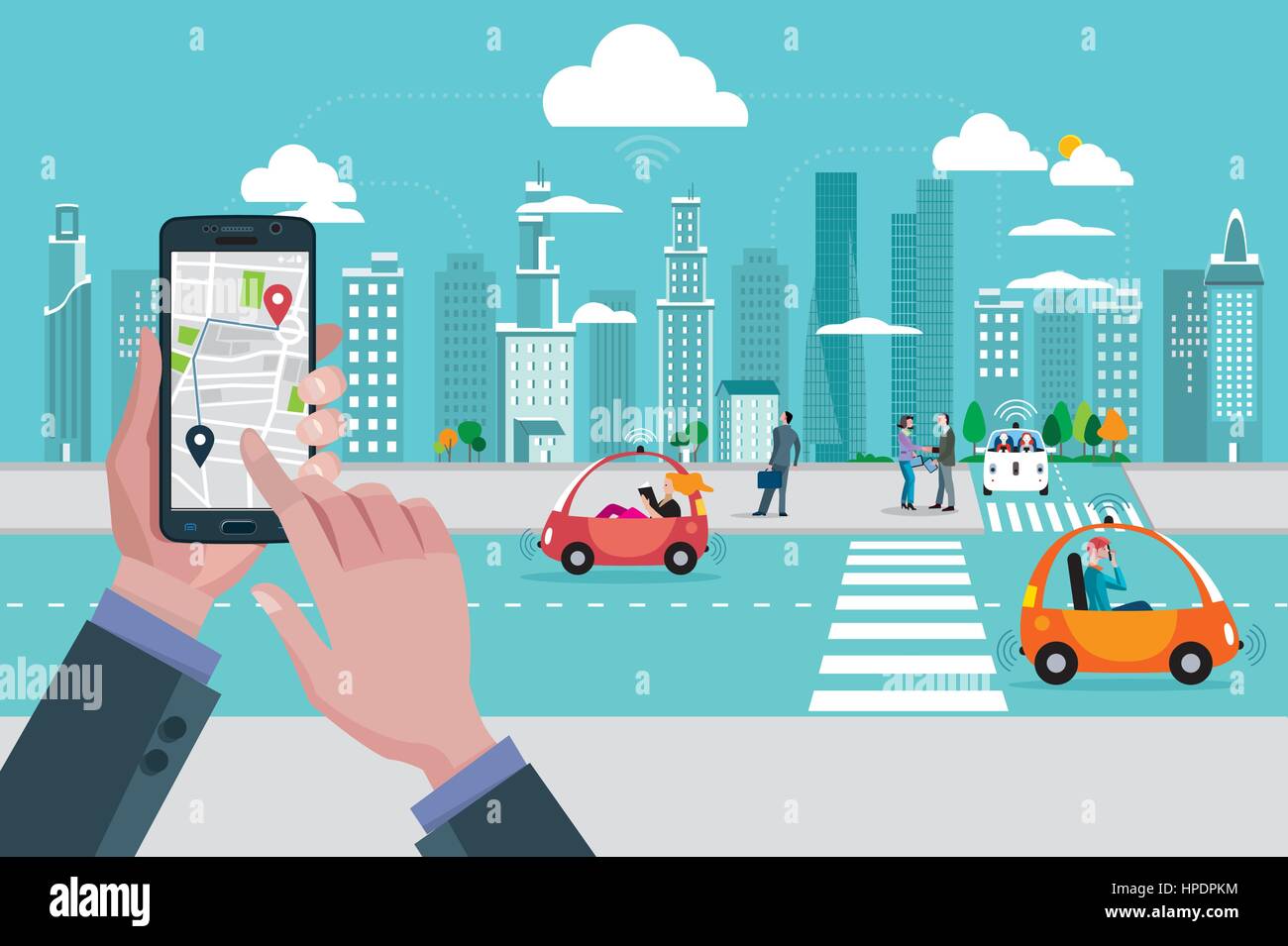 Uomo con le mani un telefono intelligente con una posizione di app. Strade autonoma con i conducenti di auto e persone che camminano per la strada. Nella skyline di sfondo Illustrazione Vettoriale