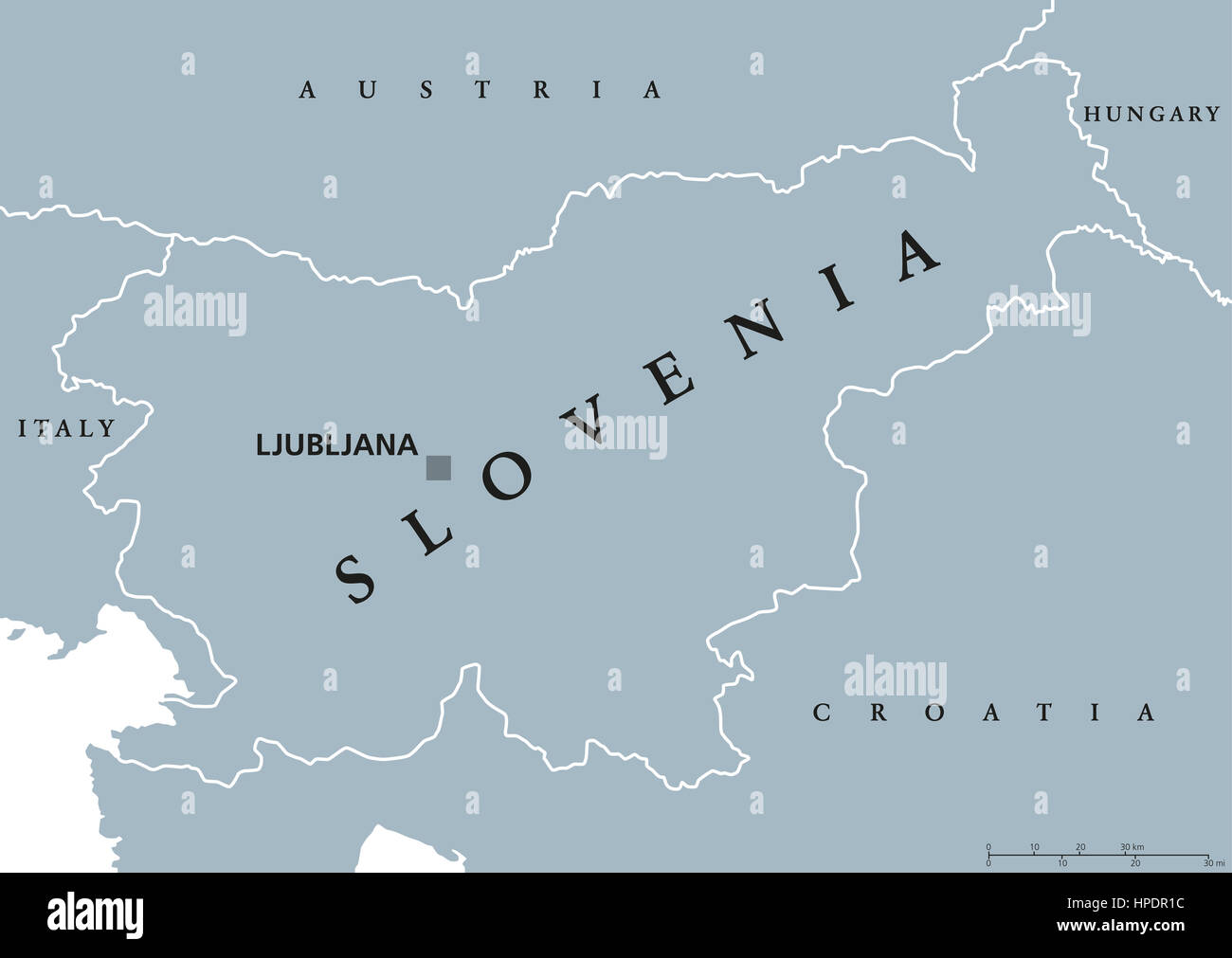 La Slovenia mappa politico con capitale Lubiana e paesi vicini. Repubblica, paese e stato nazione nel sud Europa Centrale. Foto Stock