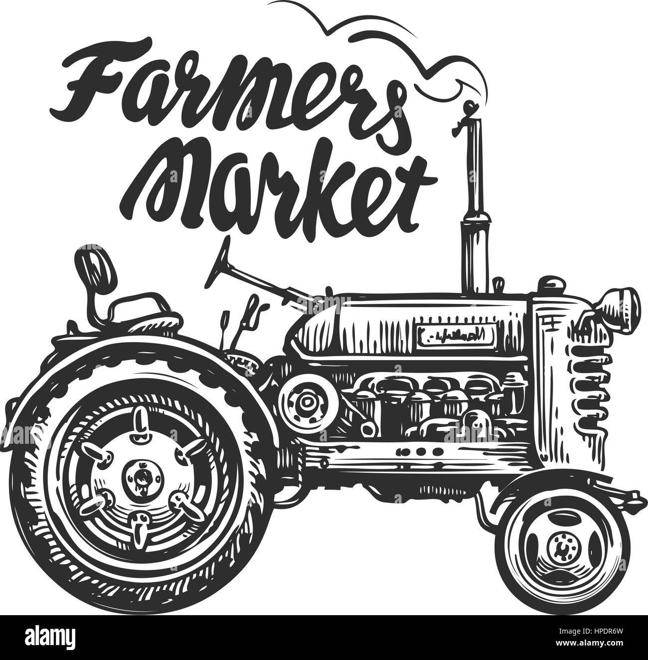 Vintage trattore agricolo, schizzo. Mercato degli Agricoltori, scritte. Disegnato a mano illustrazione vettoriale Illustrazione Vettoriale