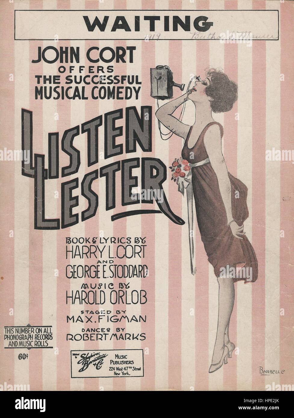 "Ascoltare Lester' 1918 Foglio musicale coperchio di musica Foto Stock