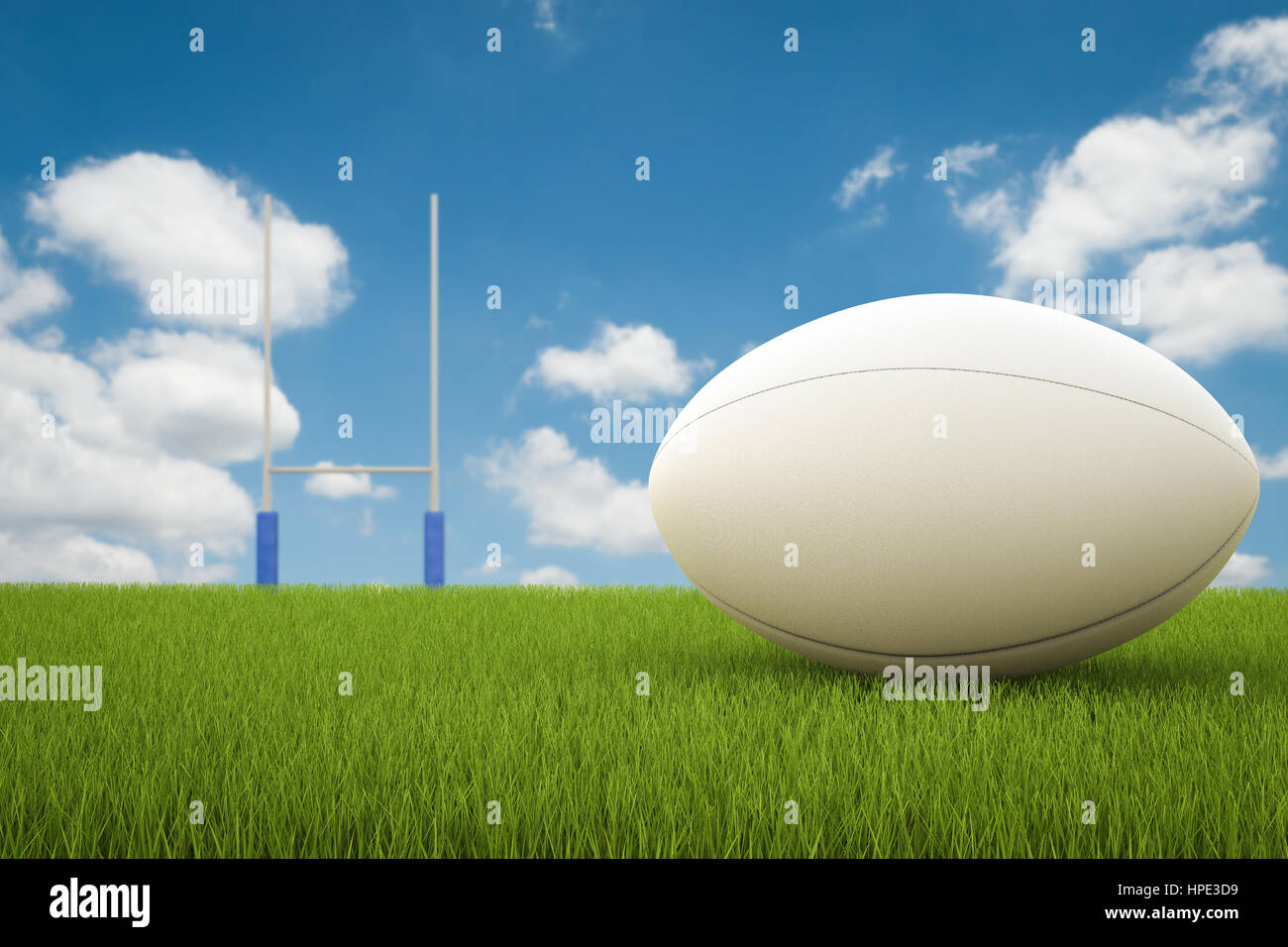 3D rendering pallone da rugby con Rugby posti sul campo Foto Stock