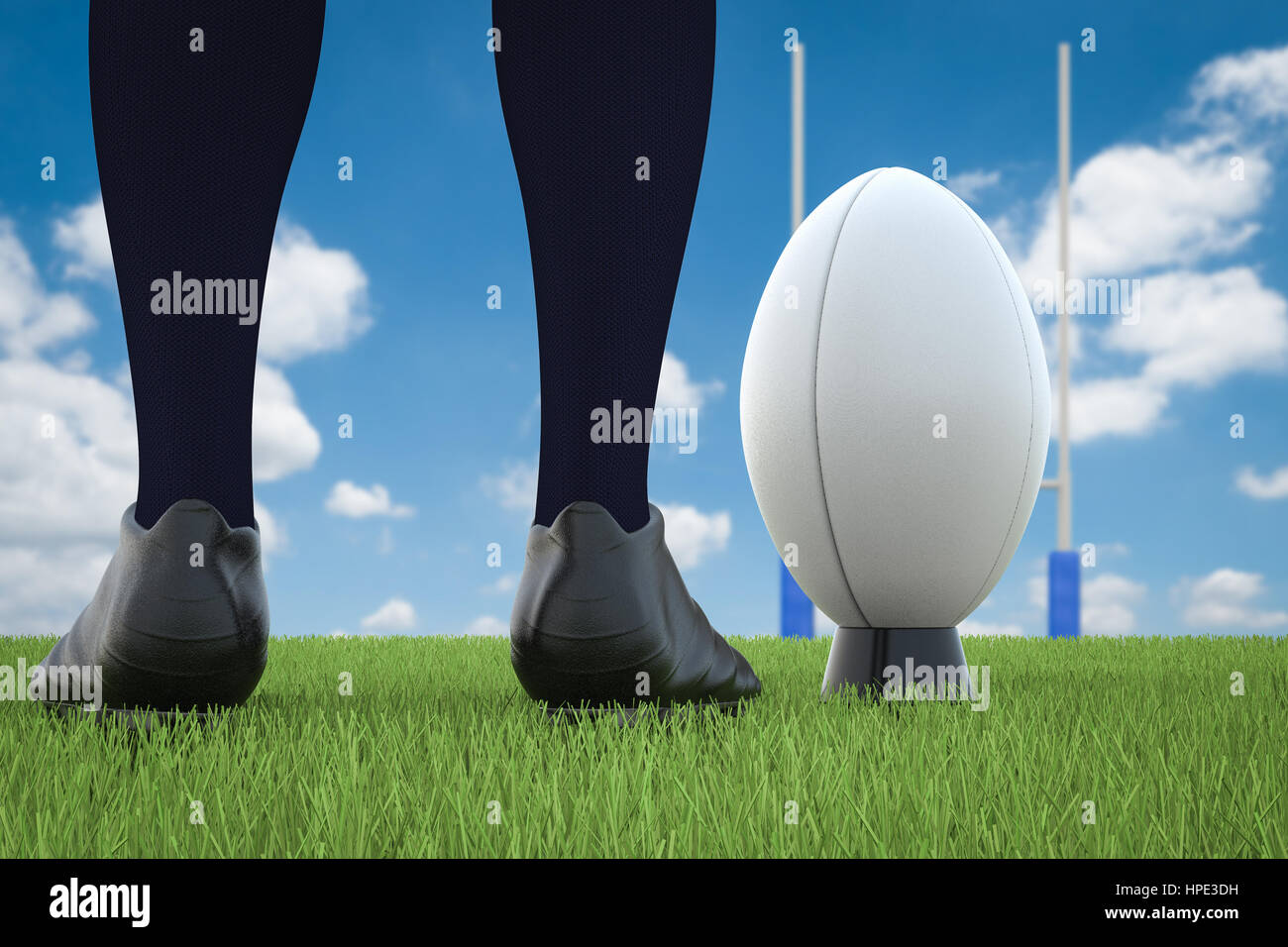3D rendering pallone da rugby con Rugby posti sul campo Foto Stock