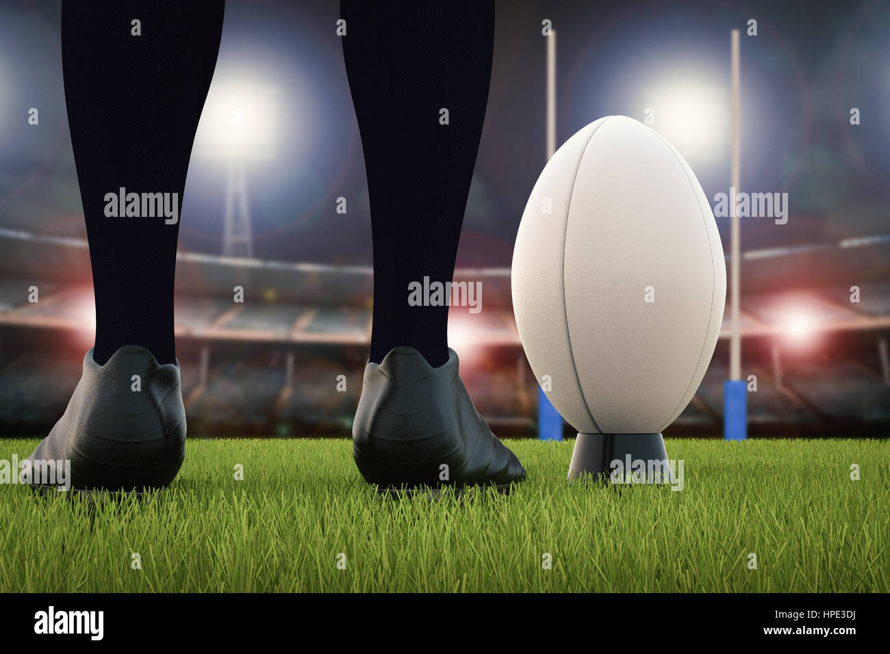 3D rendering pallone da rugby con Rugby posti sul campo Foto Stock